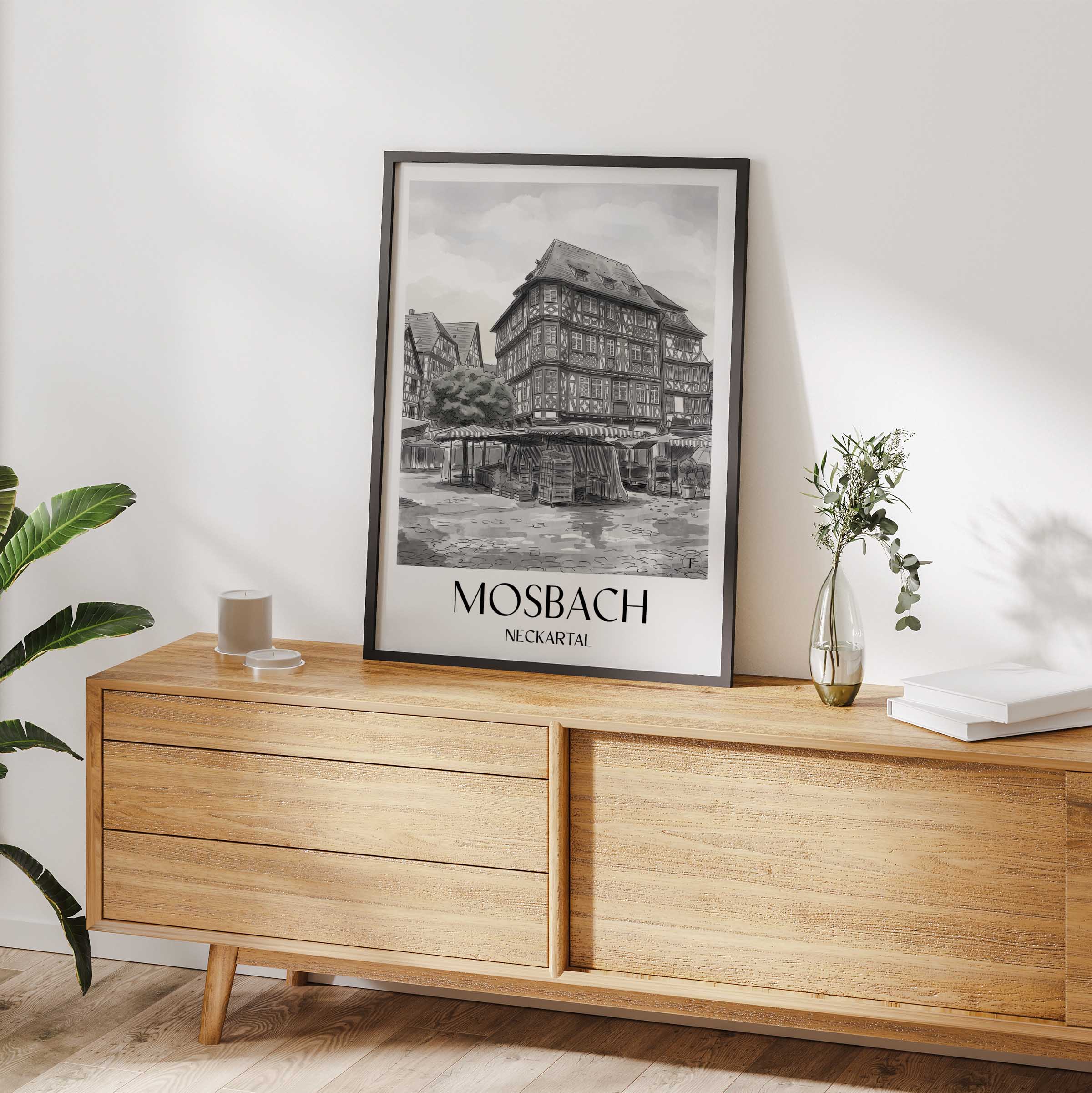 mosbach-neckartal-deutschland-poster-aquarell-schwarz-weiss