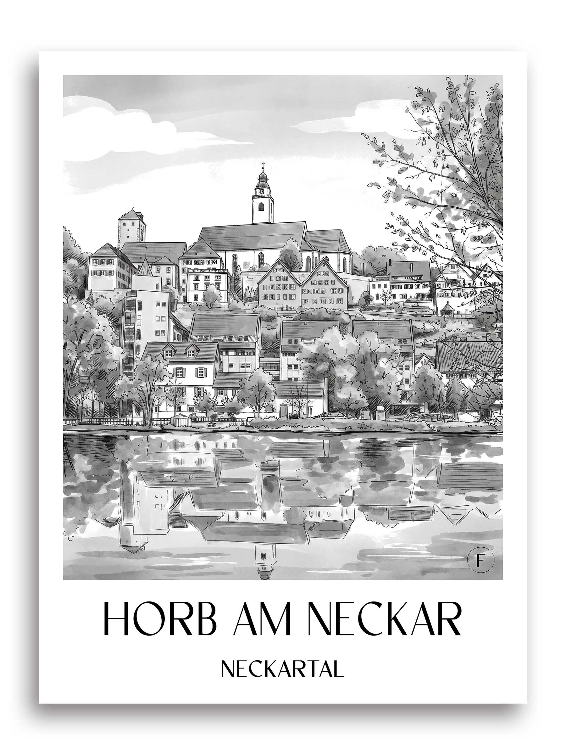 horb-am-neckar-neckartal-deutschland-poster-aquarell-schwarz-weiss