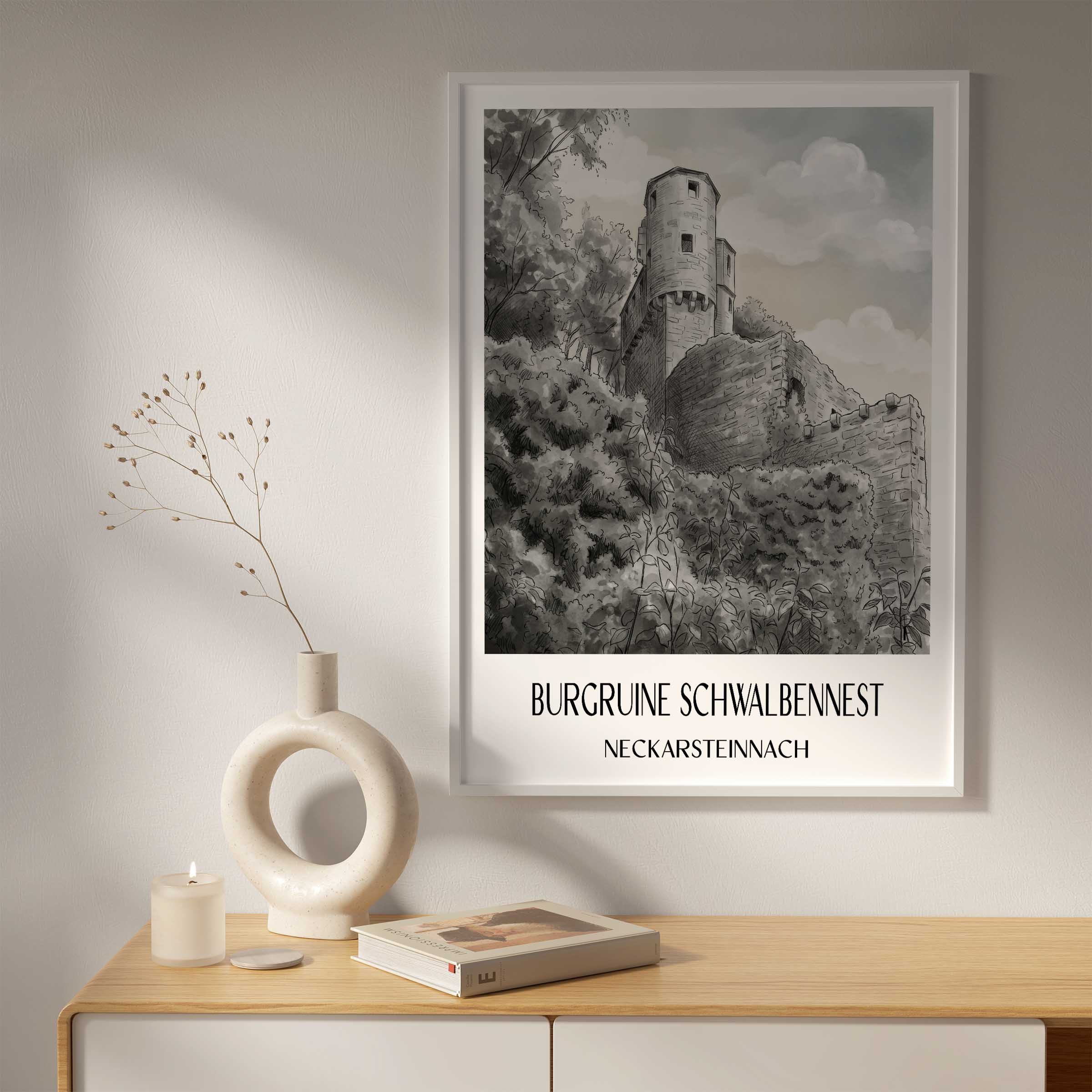 burgruine-schwalbennest-neckarsteinnach-deutschland-poster-aquarell-schwarz-weiss