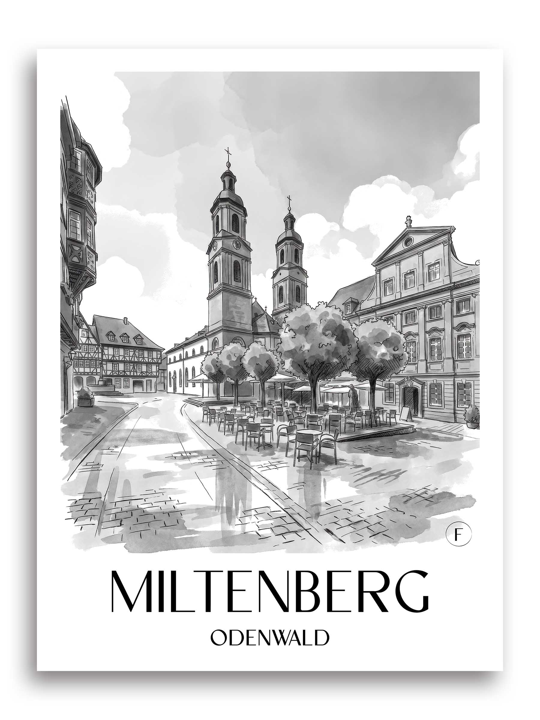 miltenberg-odenwald-deutschland-poster-aquarell-schwarz-weiss
