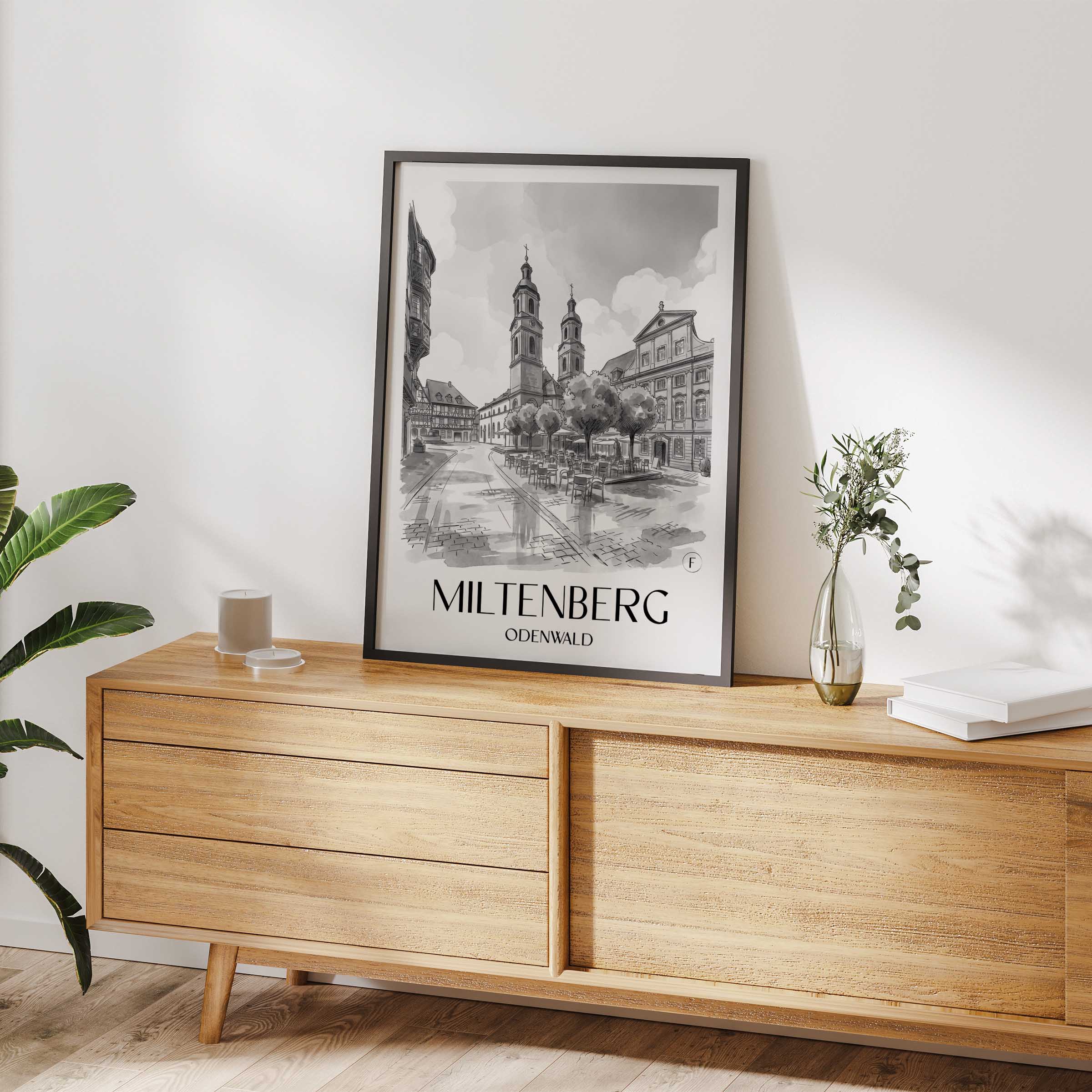 miltenberg-odenwald-deutschland-poster-aquarell-schwarz-weiss