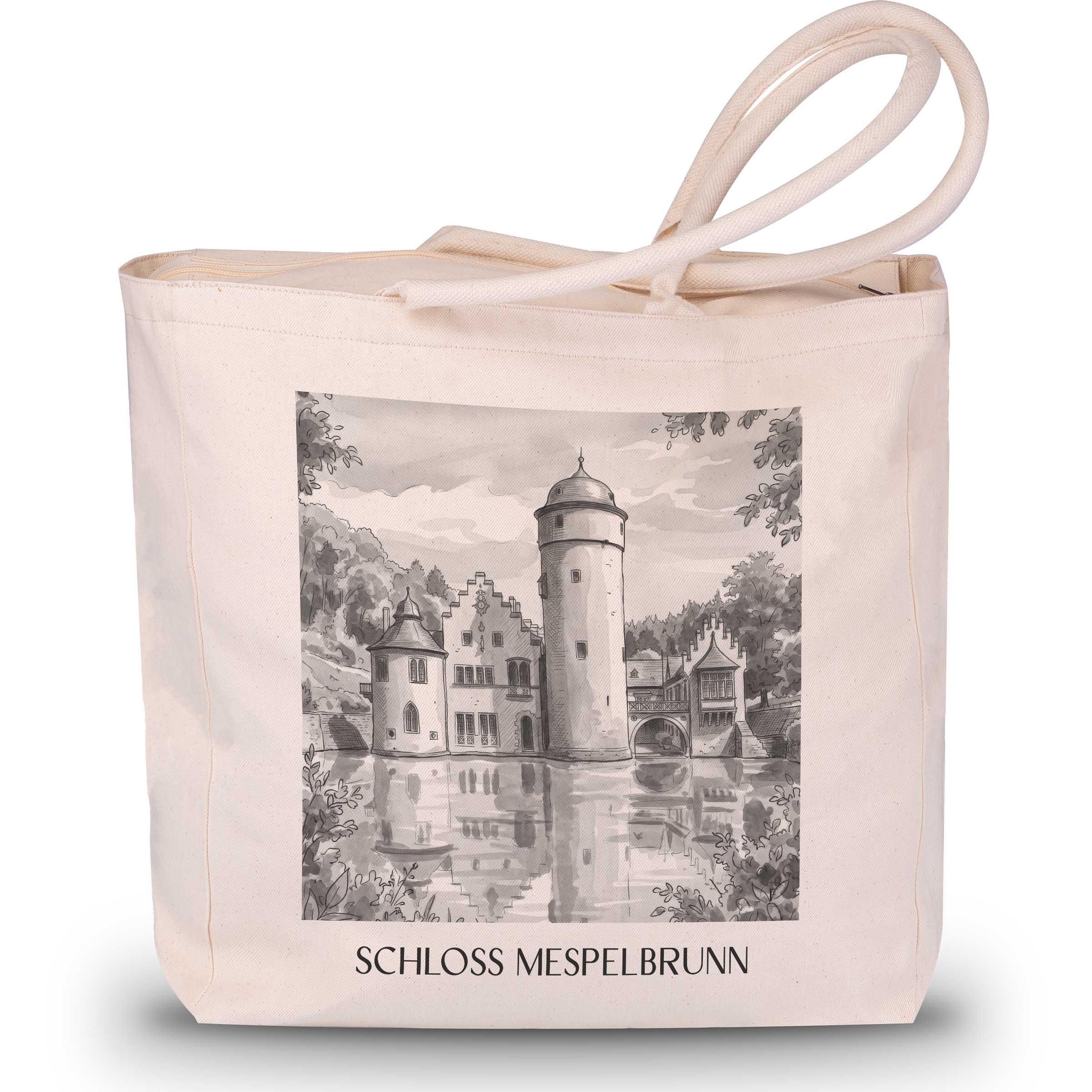 schloss-mespelbrunn-spessart-deutschland-einkaufstasche-aquarell-schwarz-weiss