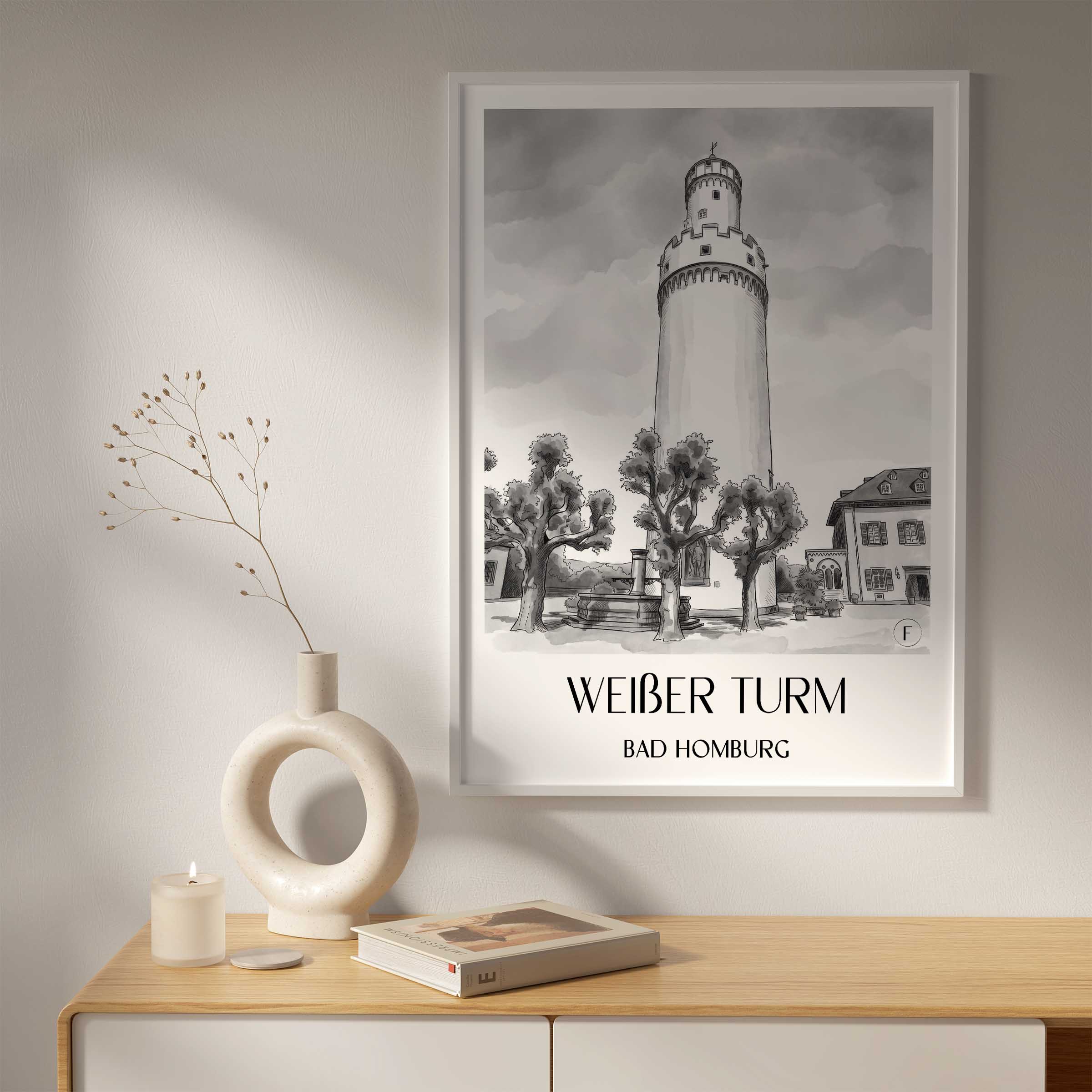 weißer-turm-bad-homburg-deutschland-poster-aquarell-schwarz-weiss