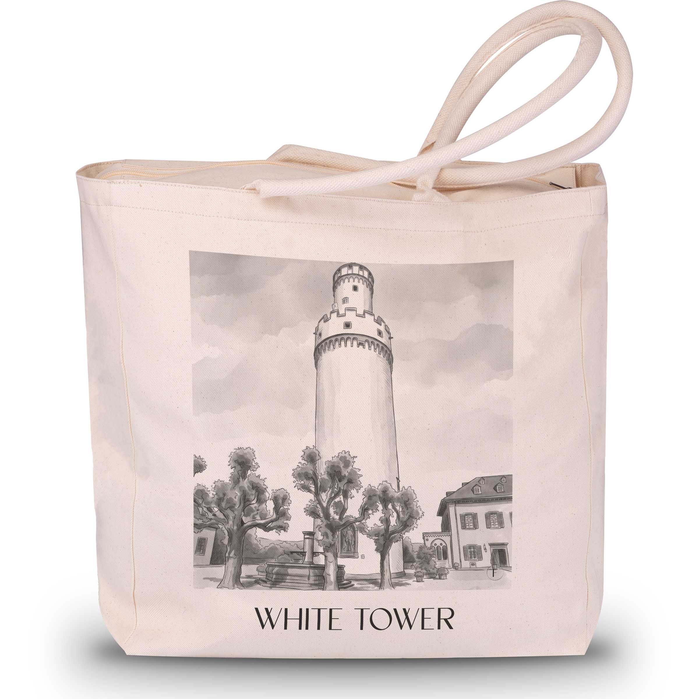 Weißer Turm Shopping Tasche - Bad Homburg - Deutschland Tote Bag - Einkaufstasche im Aquarell Schwarz-Weiß Stil