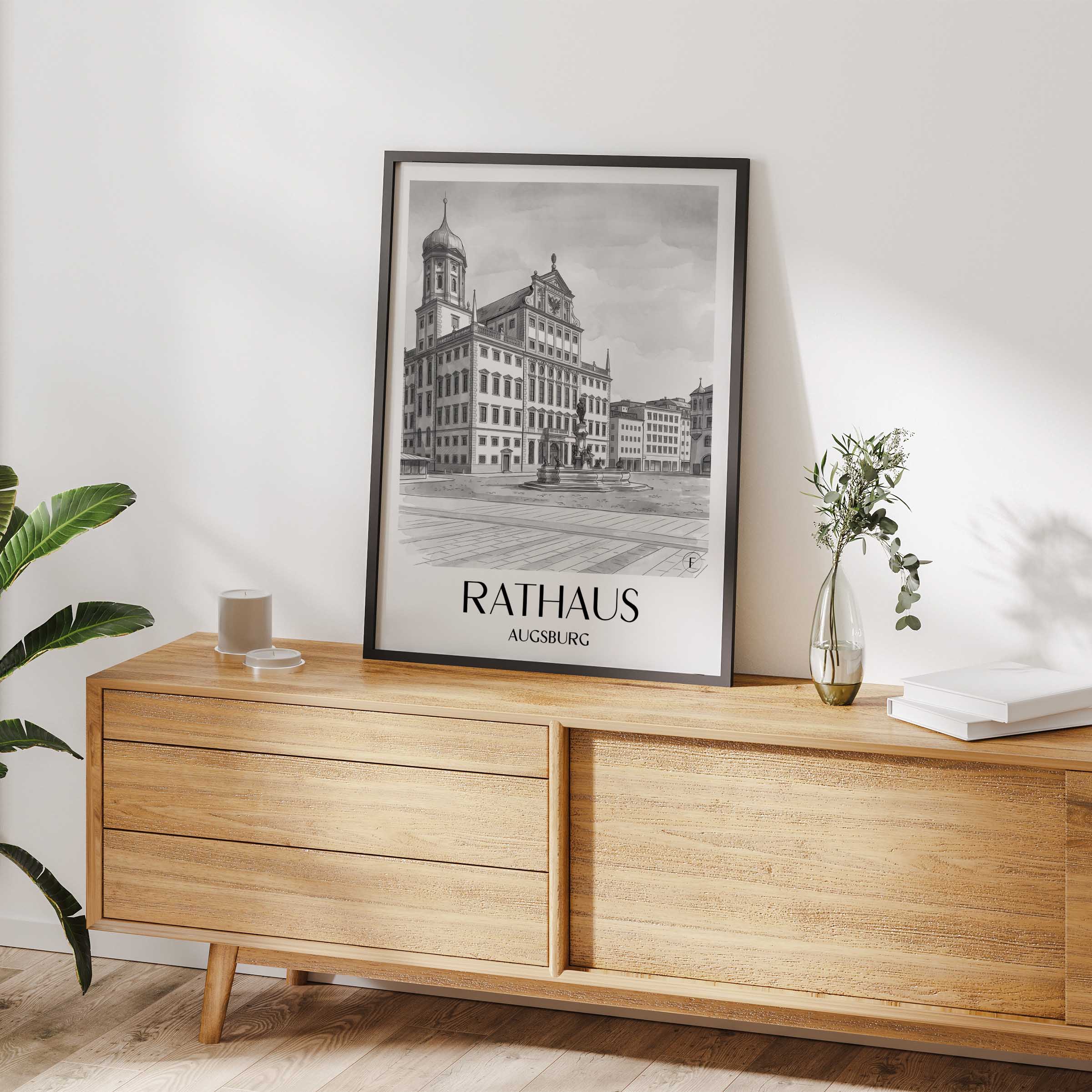 rathaus-augsburg-deutschland-poster-aquarell-schwarz-weiss