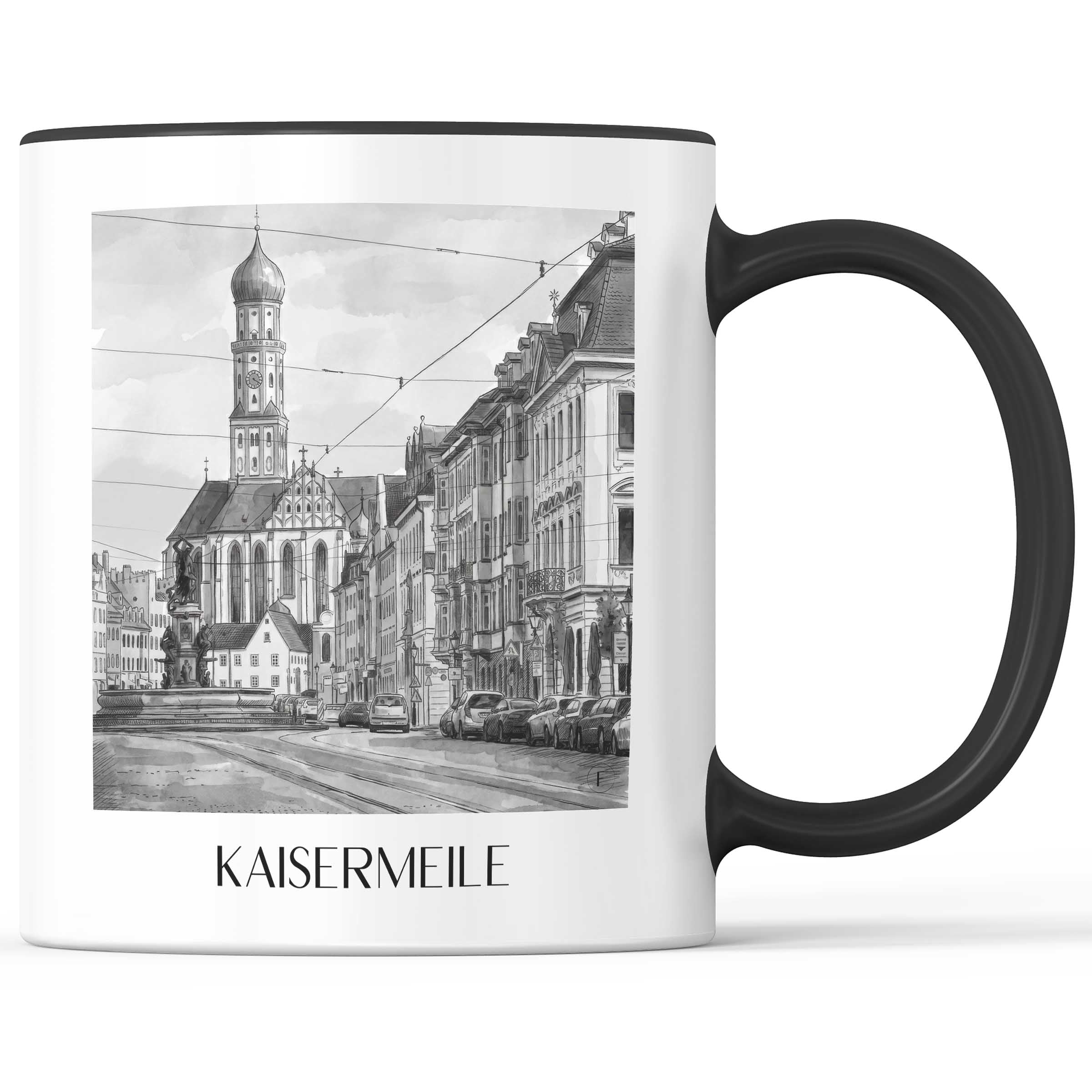 kaisermeile-augsburg-deutschland-kaffeebecher-aquarell-schwarz-weiss