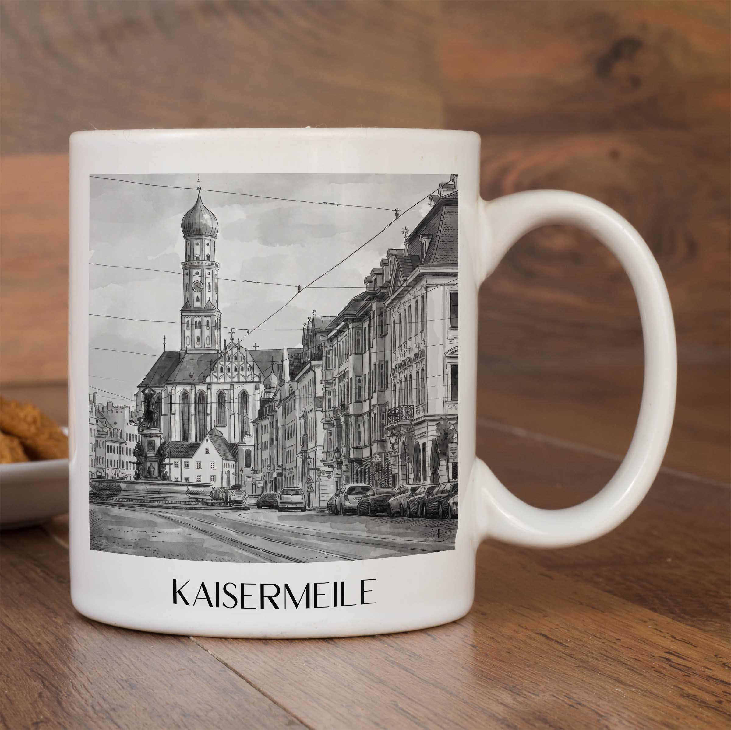 kaisermeile-augsburg-deutschland-kaffeebecher-aquarell-schwarz-weiss