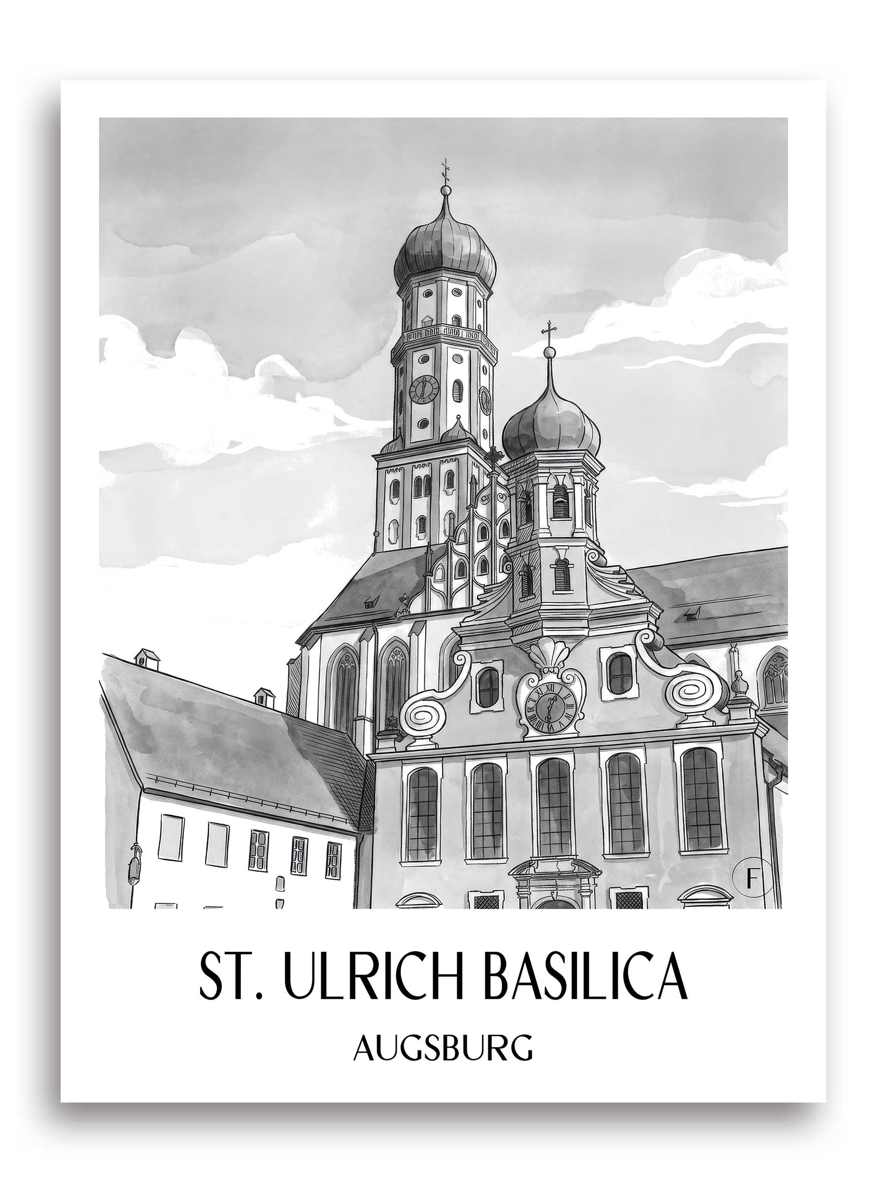 Basilika St. Ulrich Poster - Augsburg - Deutschland Kunstdruck - Aquarell Schwarz-Weiß von A4 bis A1