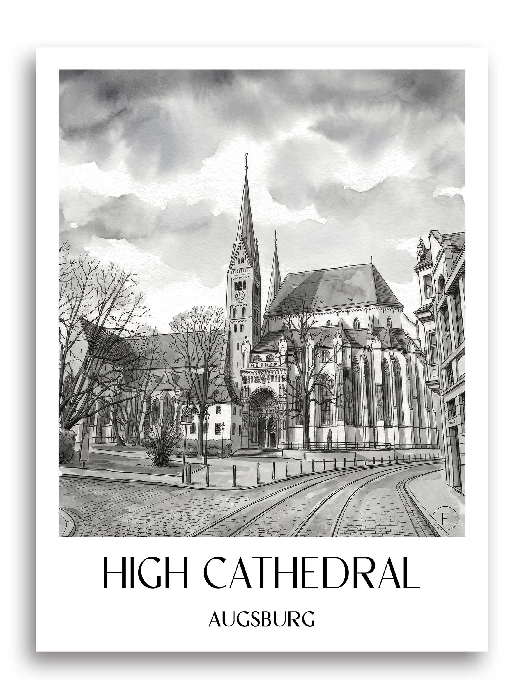 Hoher Dom Poster - Augsburg - Deutschland Kunstdruck - Aquarell Schwarz-Weiß von A4 bis A1
