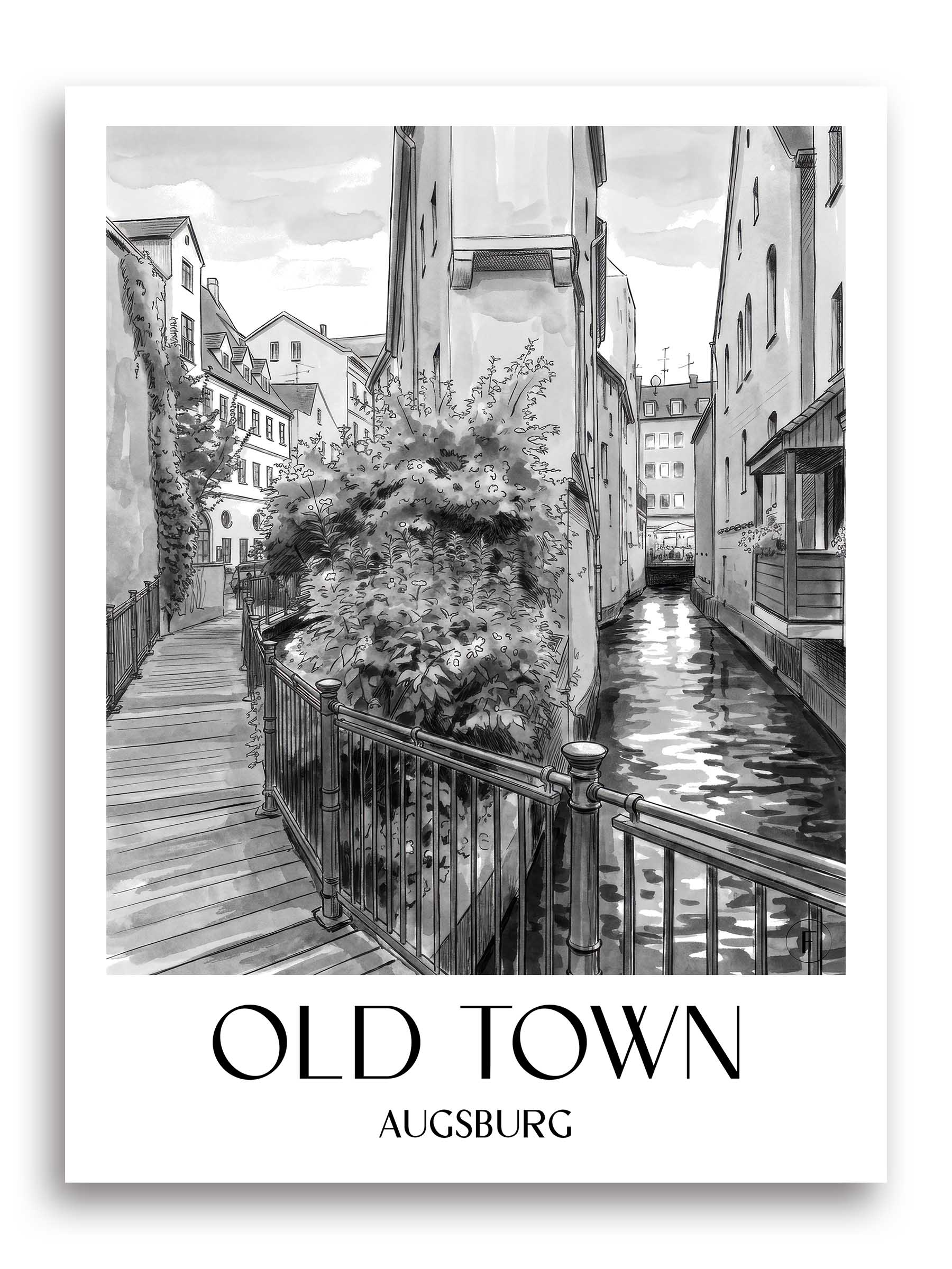 Altstadt Poster - Augsburg - Deutschland Kunstdruck - Aquarell Schwarz-Weiß von A4 bis A1