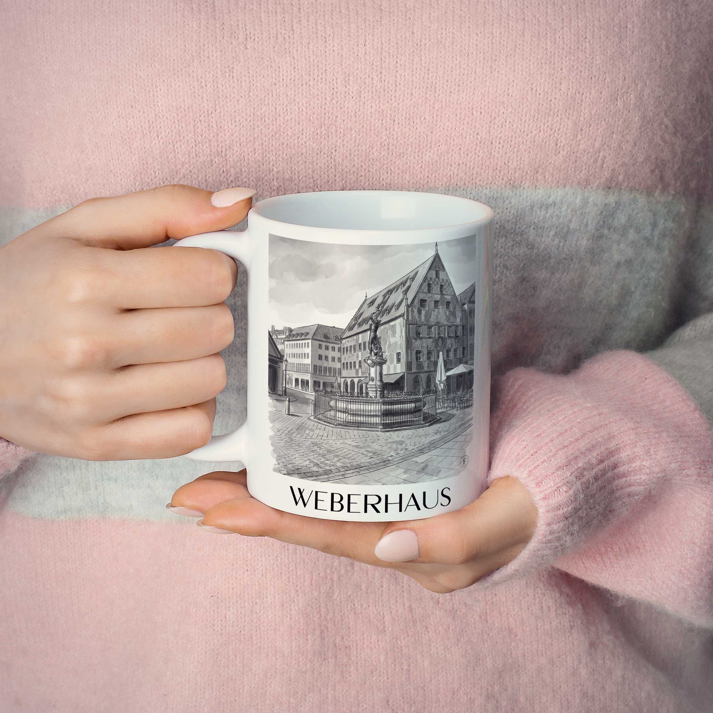 weberhaus-augsburg-deutschland-kaffeebecher-aquarell-schwarz-weiss