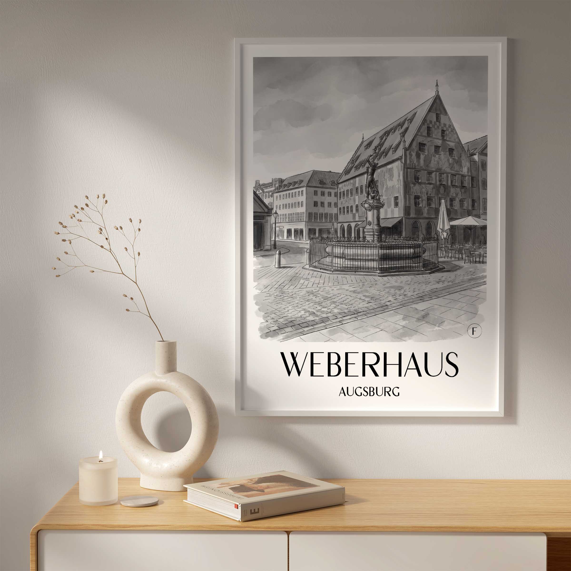 weberhaus-augsburg-deutschland-poster-aquarell-schwarz-weiss