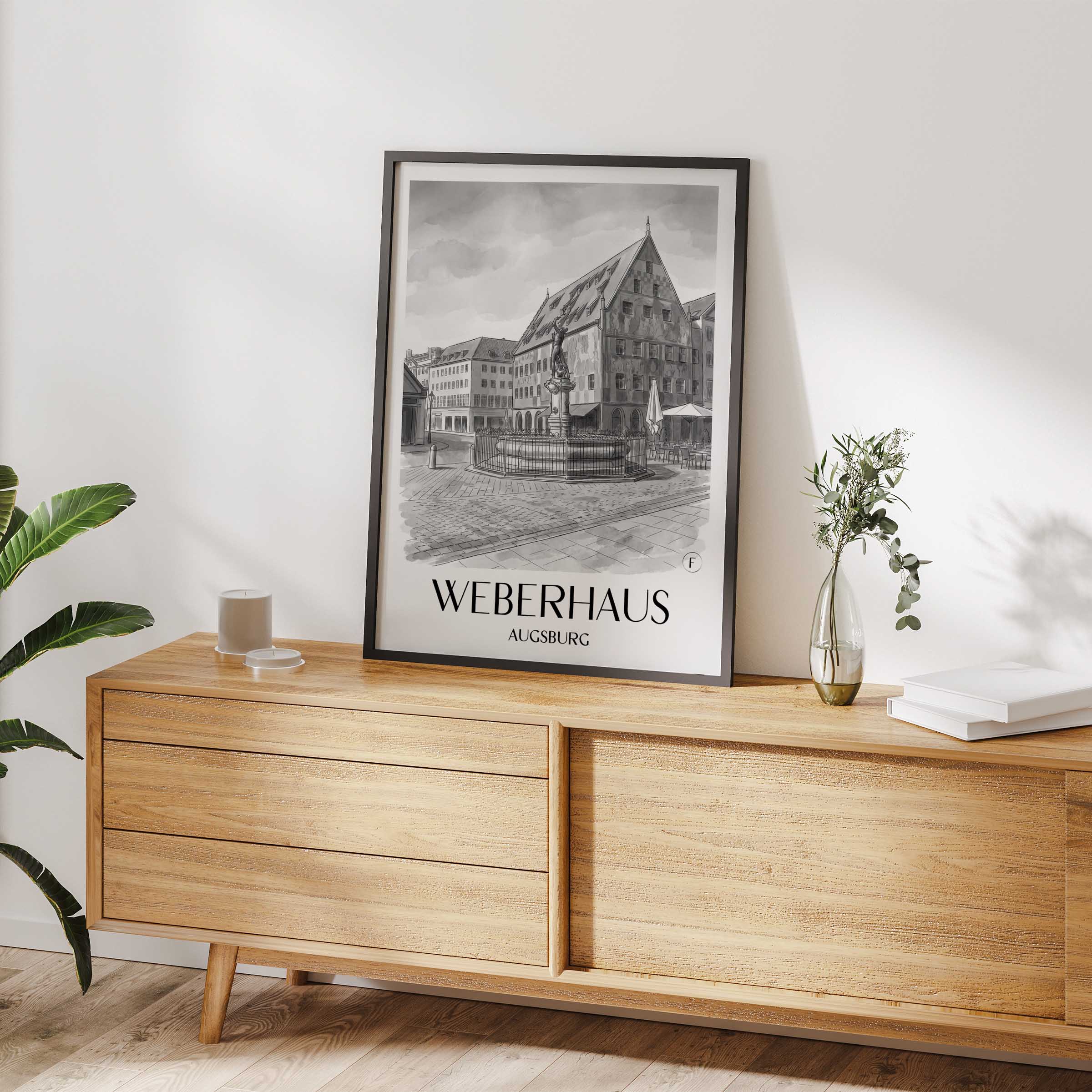 weberhaus-augsburg-deutschland-poster-aquarell-schwarz-weiss