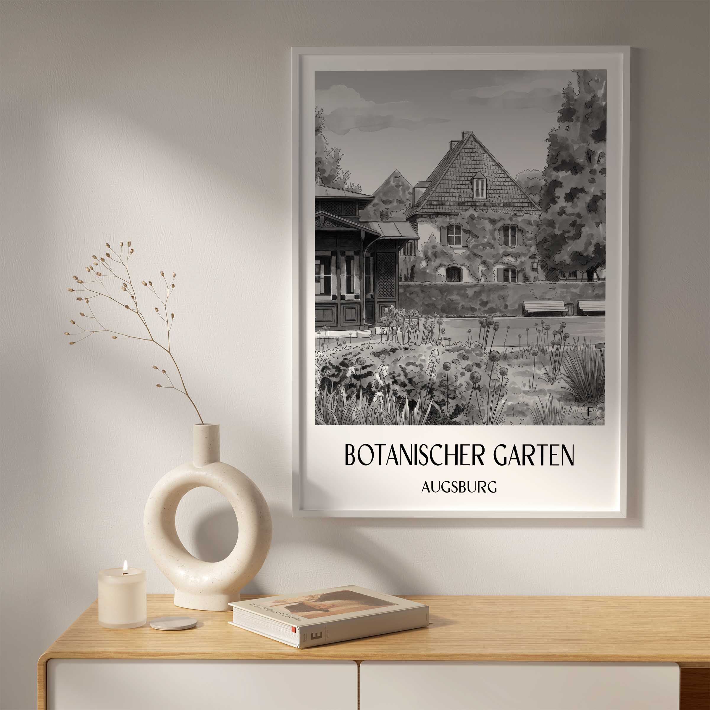 botanischer-garten-augsburg-deutschland-poster-aquarell-schwarz-weiss