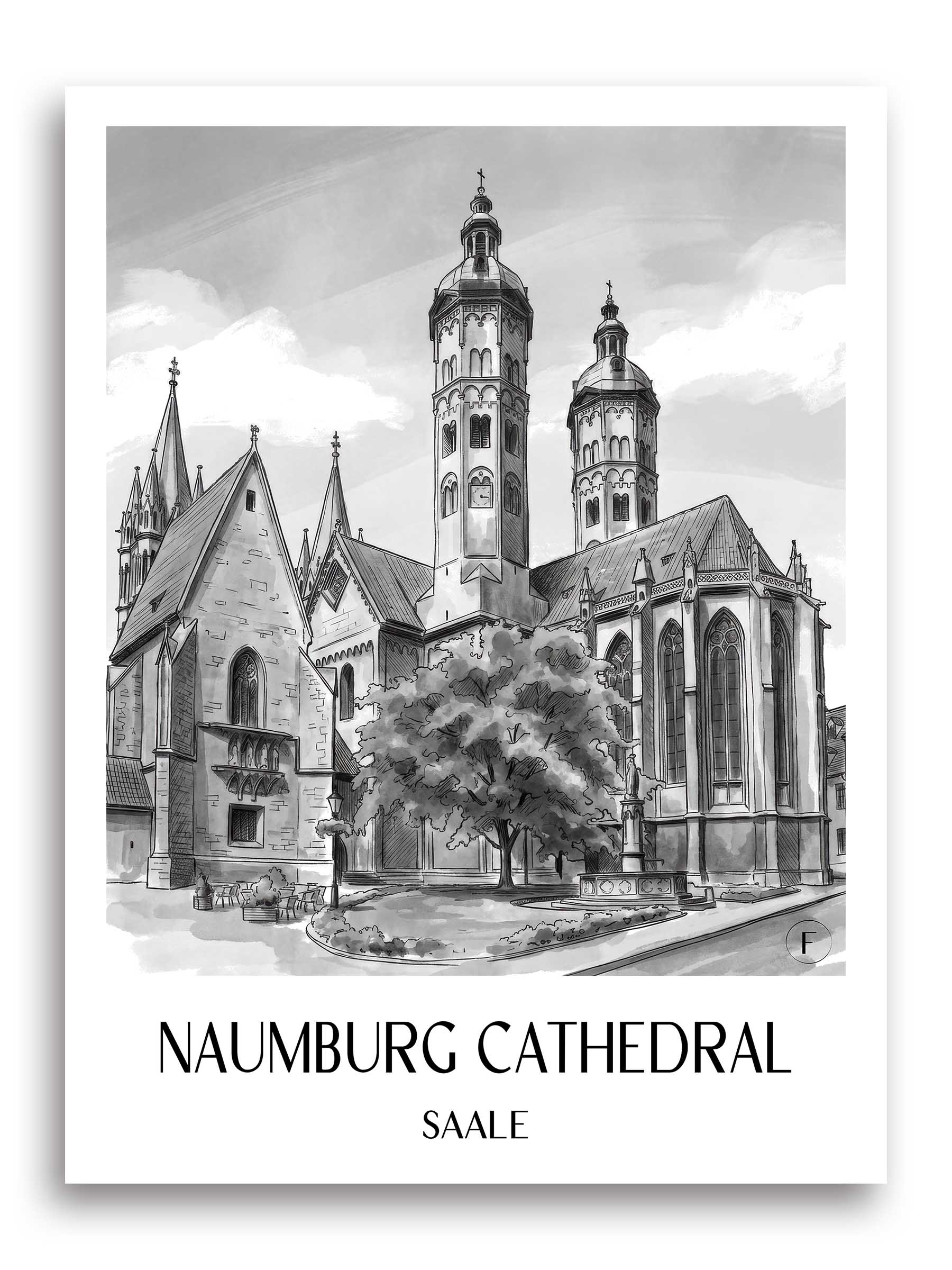 Naumburger Dom Poster - Saale - Deutschland Kunstdruck - Aquarell Schwarz-Weiß von A4 bis A1
