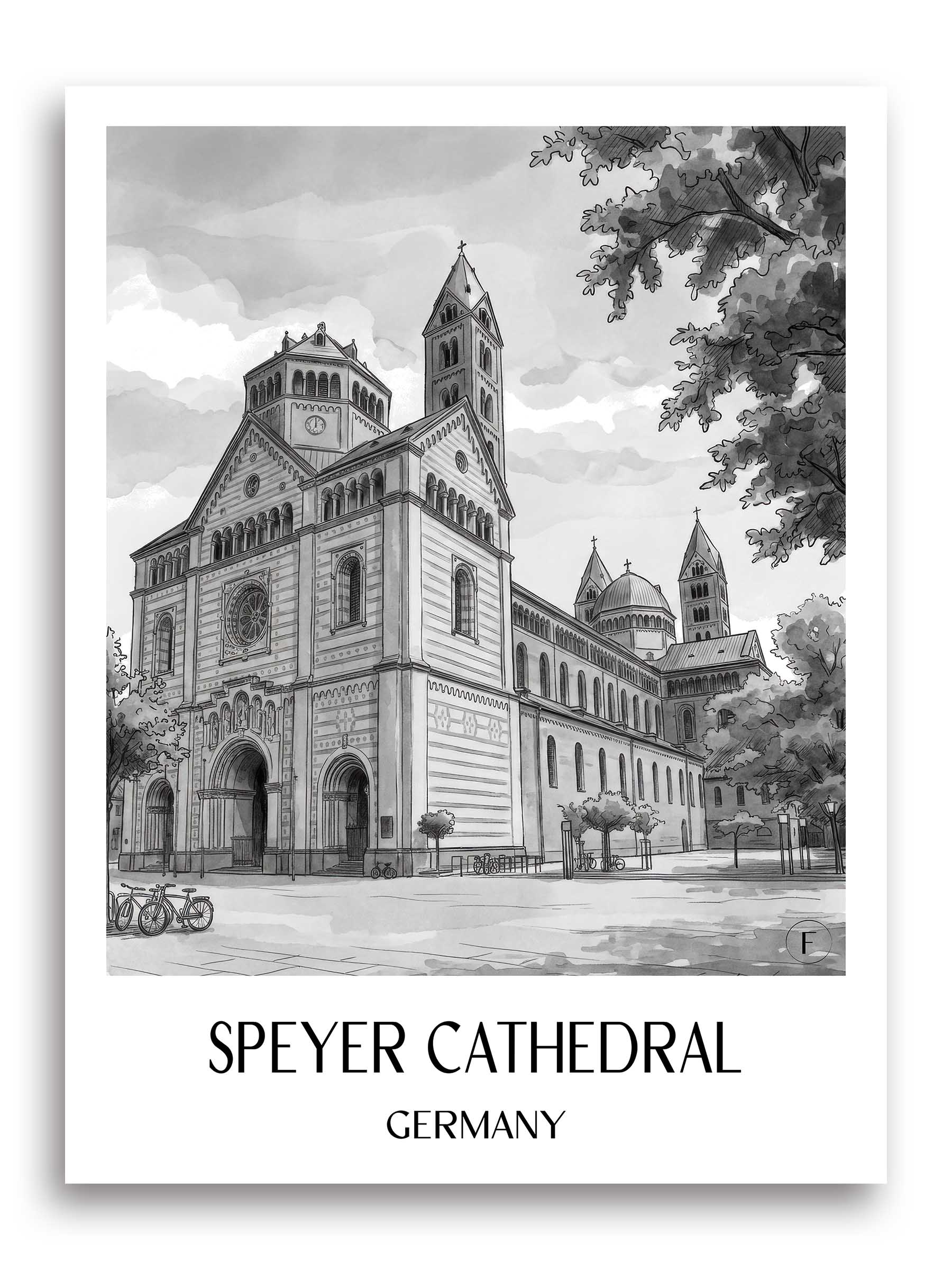 Dom zu Speyer Poster - Rheinland-Pfalz - Deutschland Kunstdruck - Aquarell Schwarz-Weiß von A4 bis A1