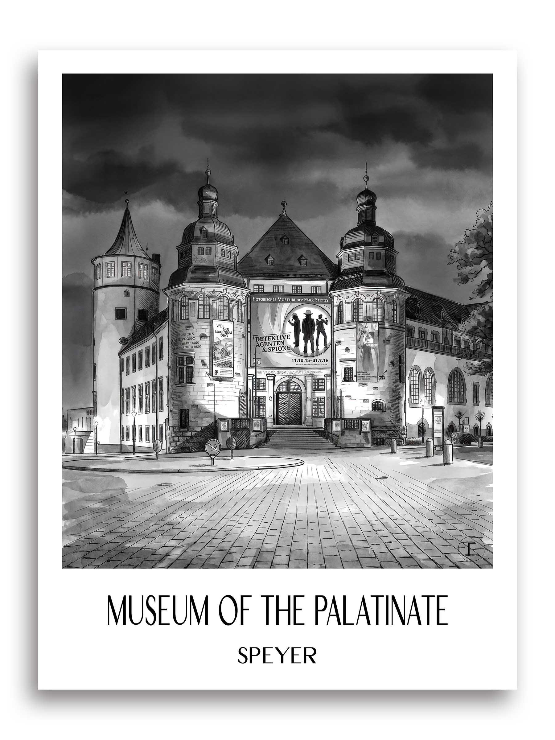 Museum der Pfalz Poster - Speyer - Deutschland Kunstdruck - Aquarell Schwarz-Weiß von A4 bis A1