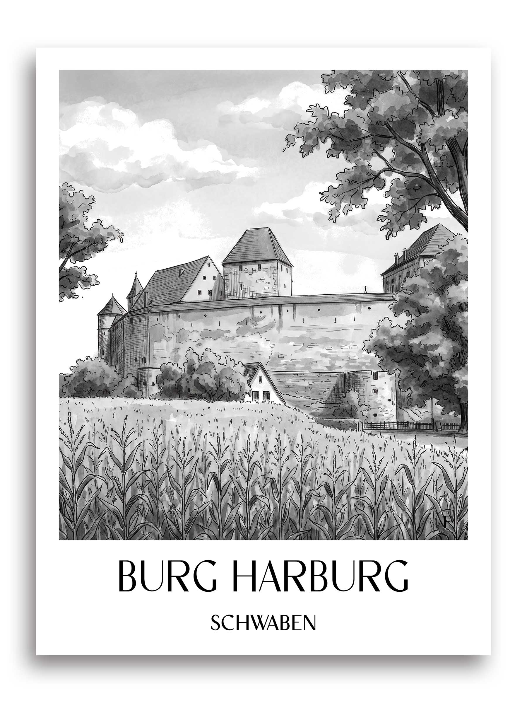 burg-harburg-schwaben-deutschland-poster-aquarell-schwarz-weiss