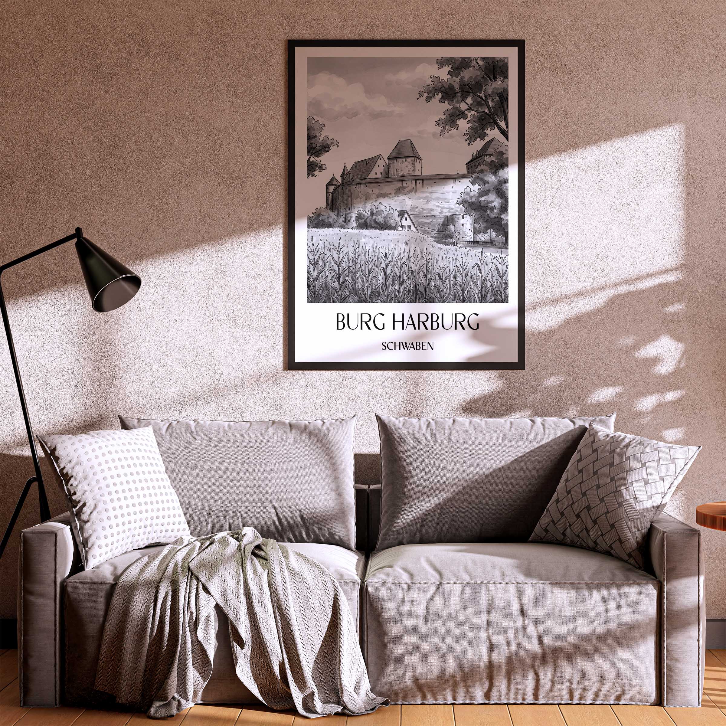 burg-harburg-schwaben-deutschland-poster-aquarell-schwarz-weiss