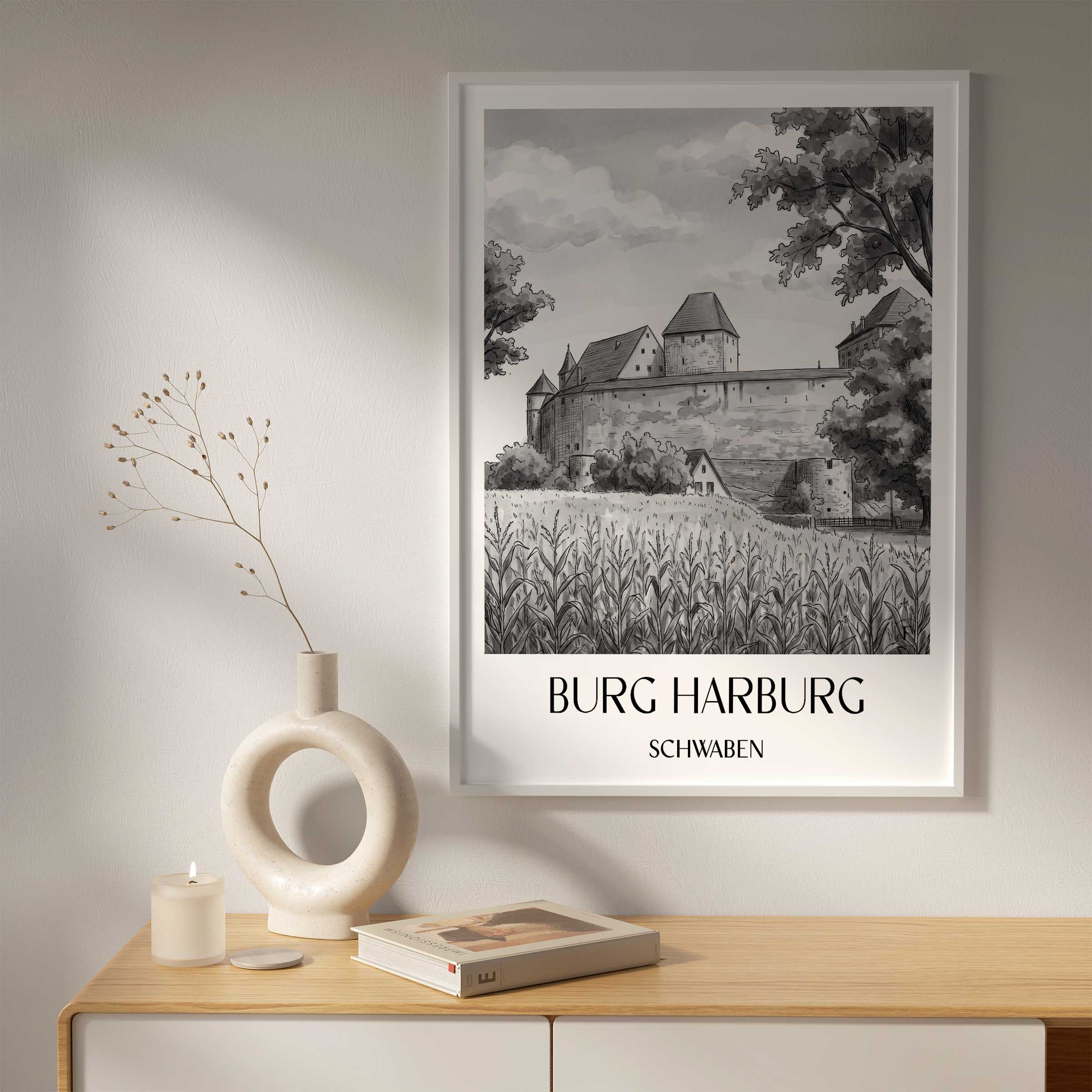 burg-harburg-schwaben-deutschland-poster-aquarell-schwarz-weiss