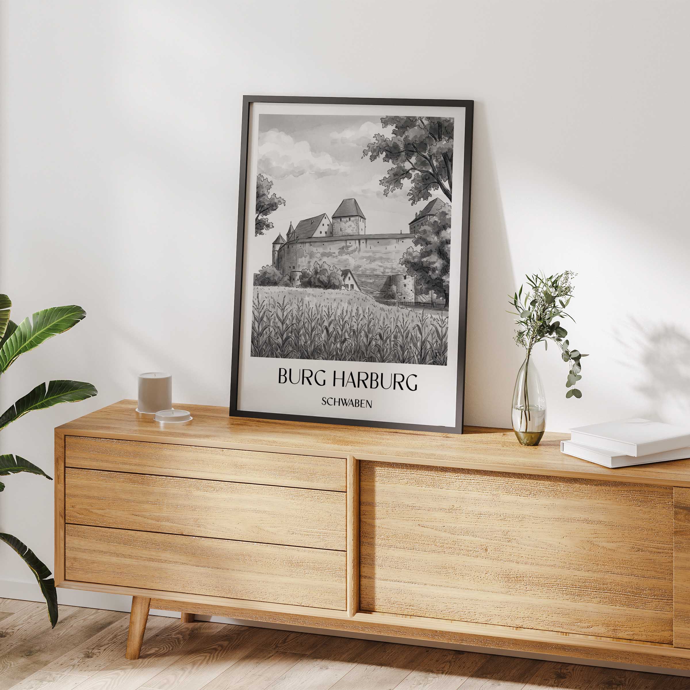 burg-harburg-schwaben-deutschland-poster-aquarell-schwarz-weiss