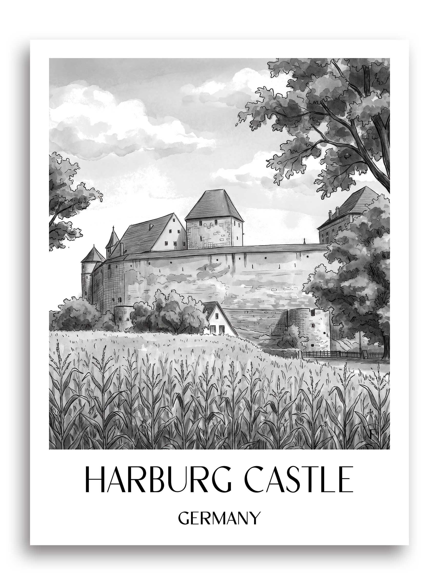 Burg Harburg Poster - Schwaben - Deutschland Kunstdruck - Aquarell Schwarz-Weiß von A4 bis A1