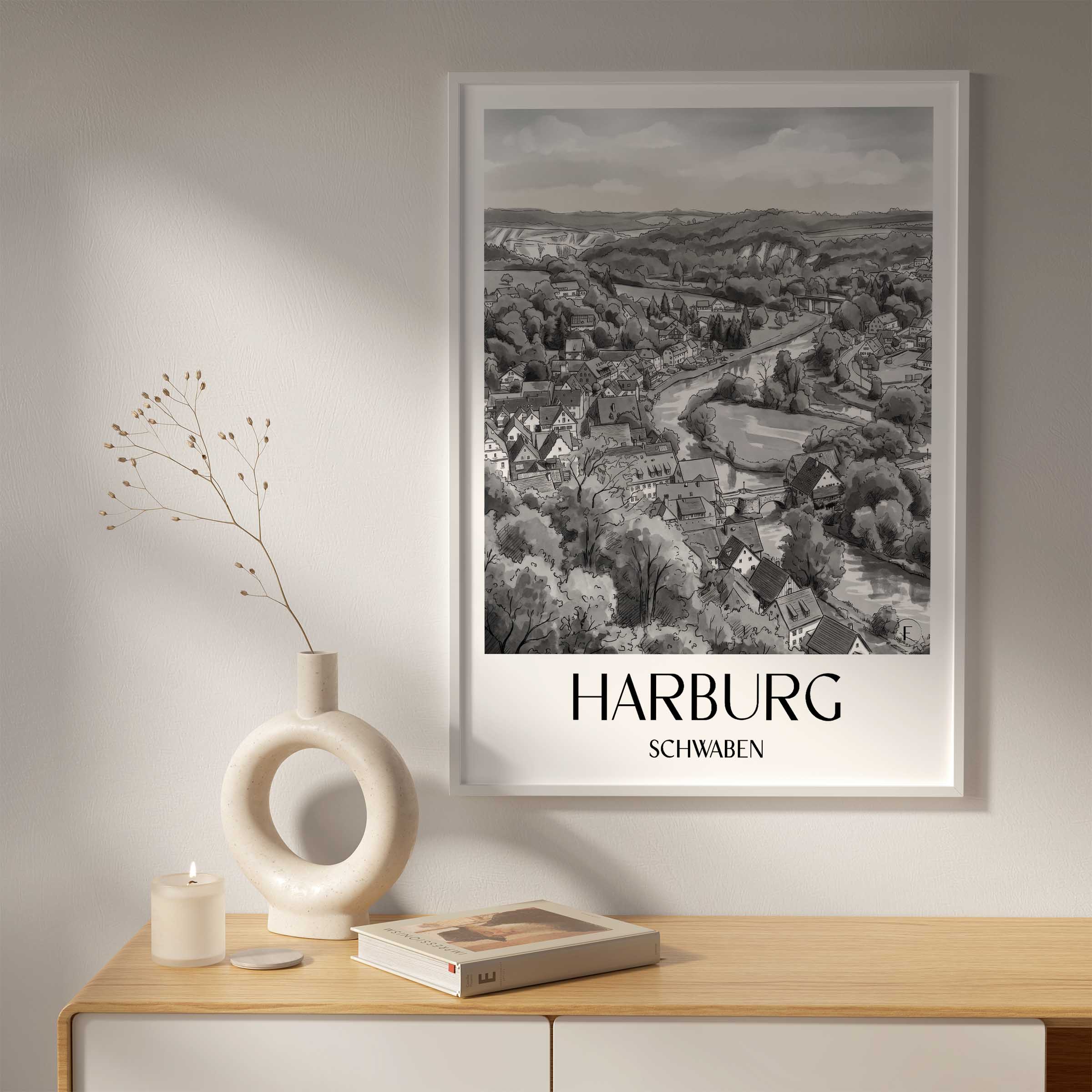 harburg-schwaben-deutschland-poster-aquarell-schwarz-weiss
