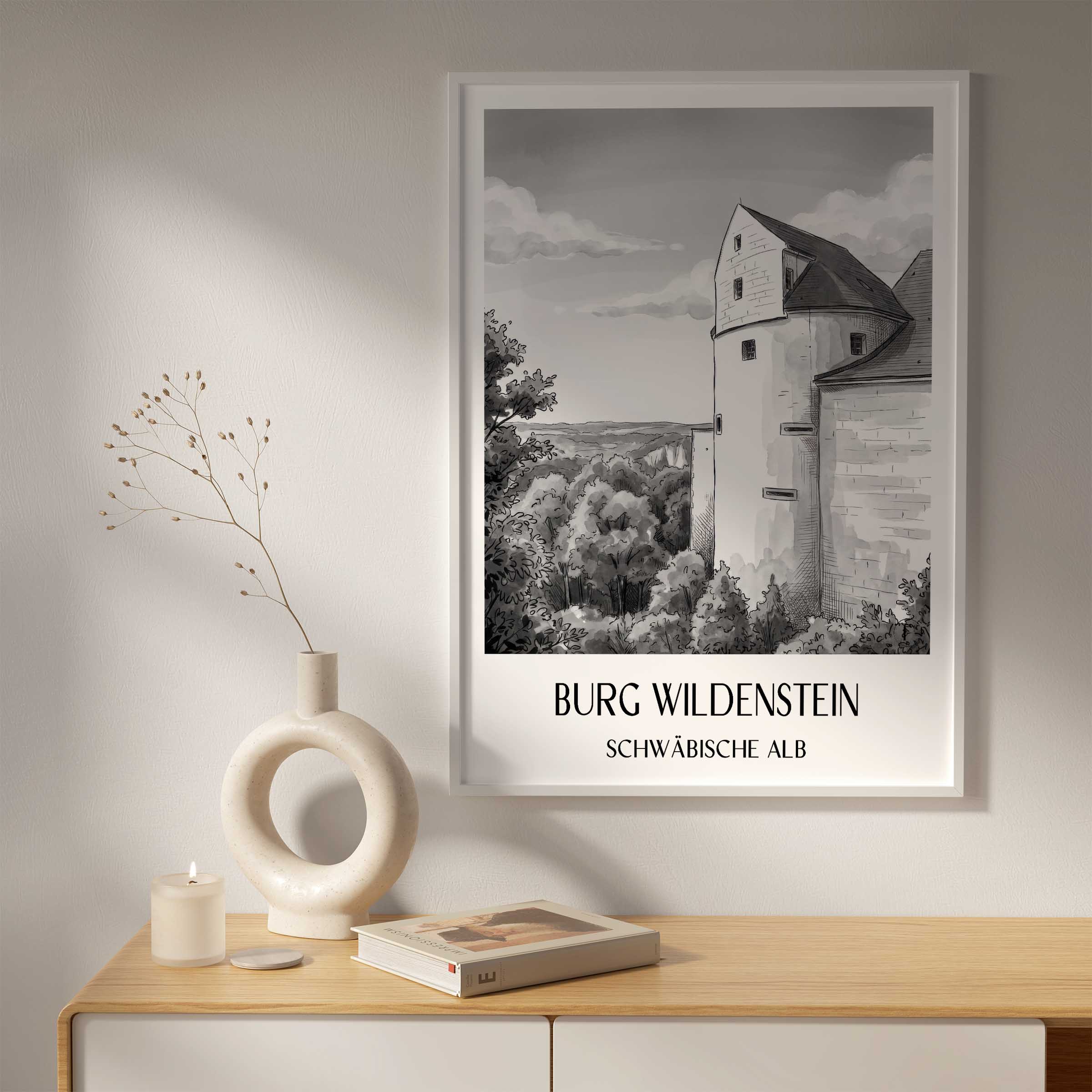 burg-wildenstein-schwäbische-alb-deutschland-poster-aquarell-schwarz-weiss