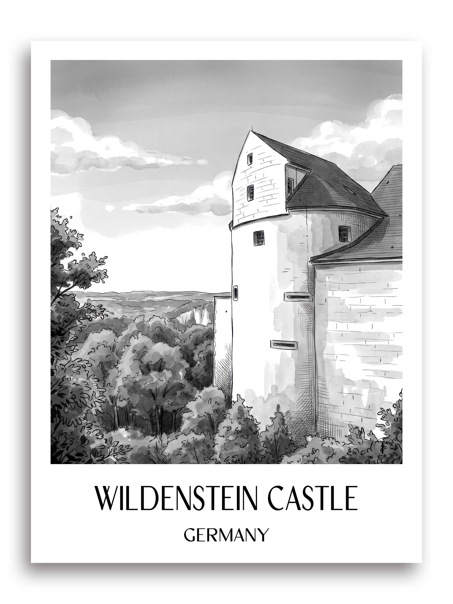 Burg Wildenstein Poster - Schwäbische Alb - Deutschland Kunstdruck - Aquarell Schwarz-Weiß von A4 bis A1