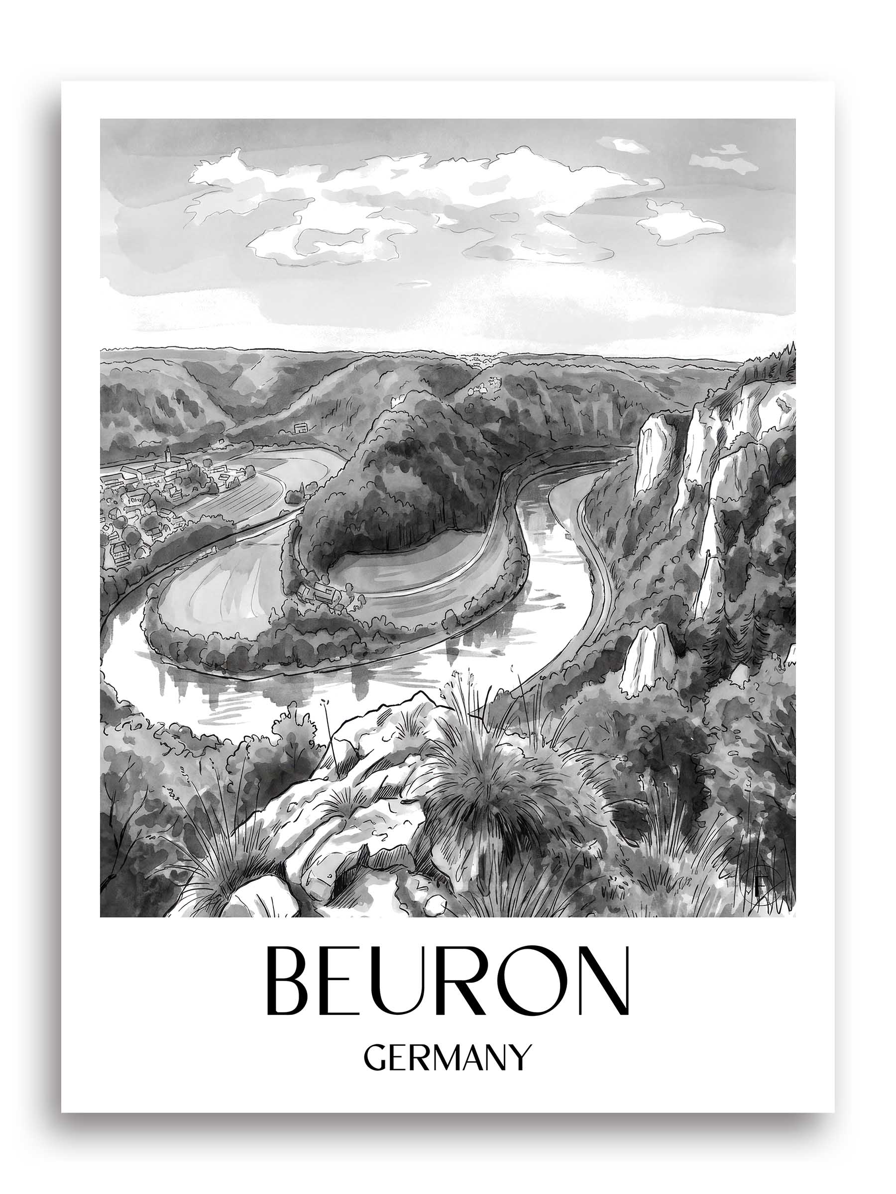Beuron Poster - Donautal - Deutschland Kunstdruck - Aquarell Schwarz-Weiß von A4 bis A1
