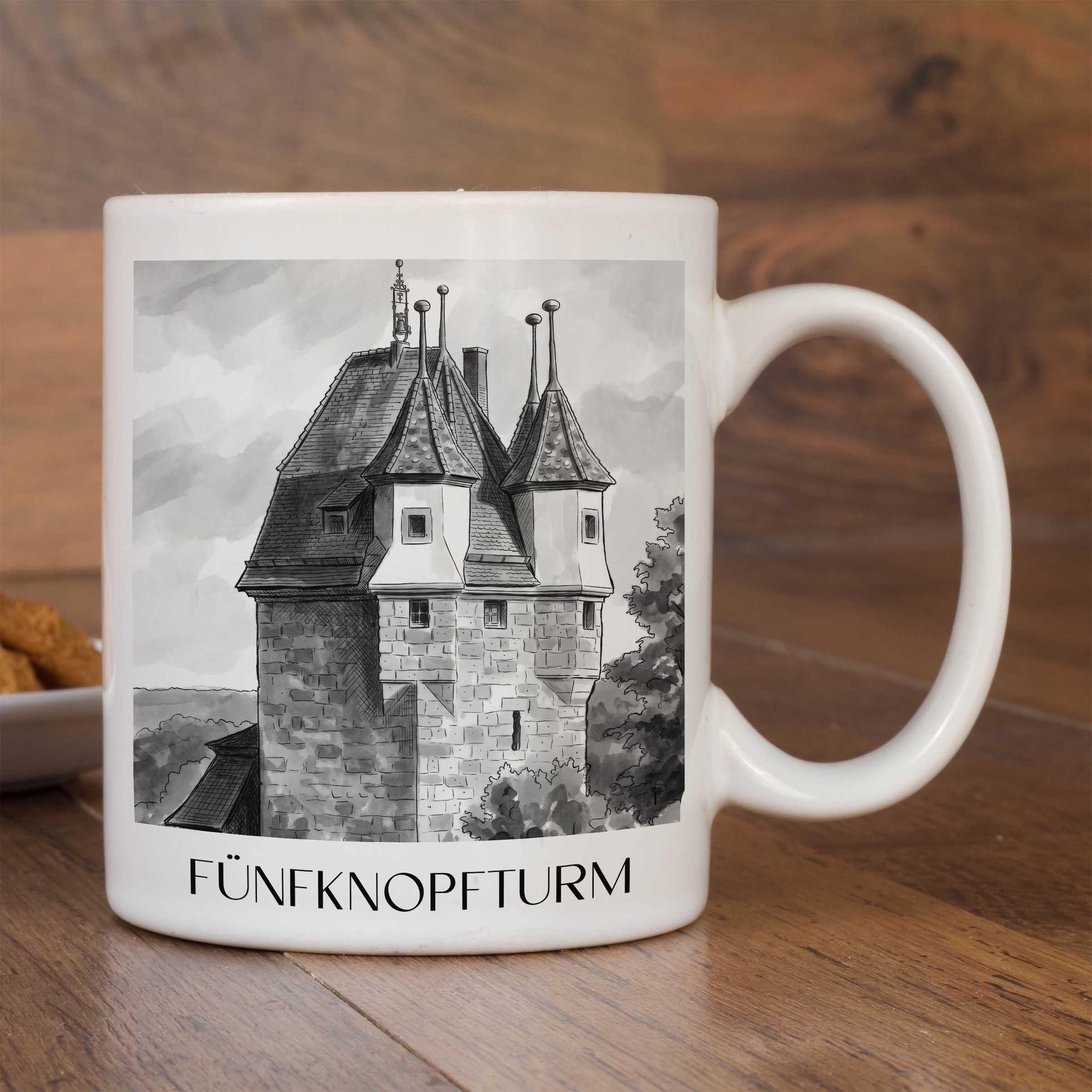 fünfknopfturm-schwäbisch-gmünd-deutschland-kaffeebecher-aquarell-schwarz-weiss