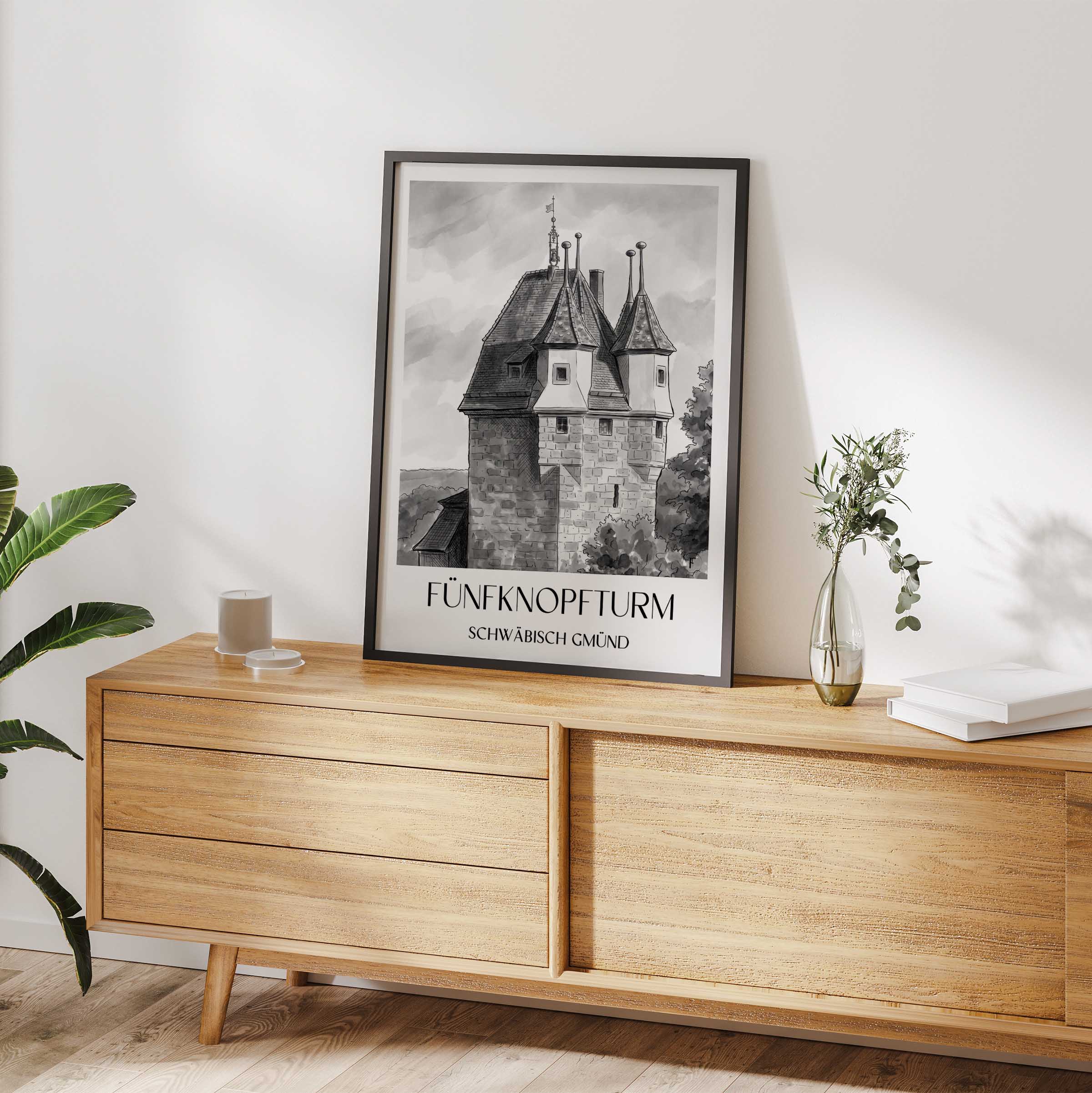 fünfknopfturm-schwäbisch-gmünd-deutschland-poster-aquarell-schwarz-weiss