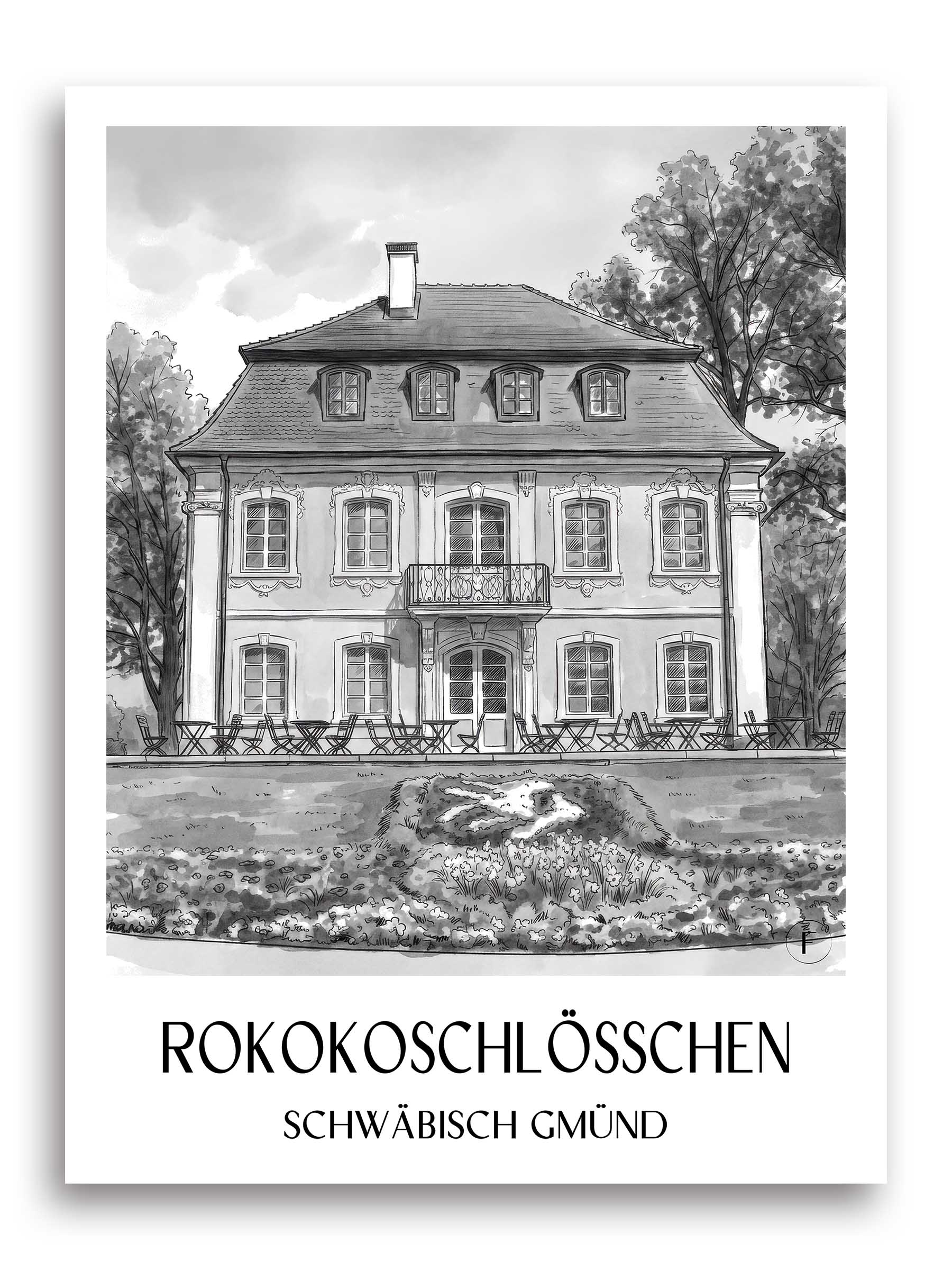 rokokoschlösschen-schwäbisch-gmünd-deutschland-poster-aquarell-schwarz-weiss