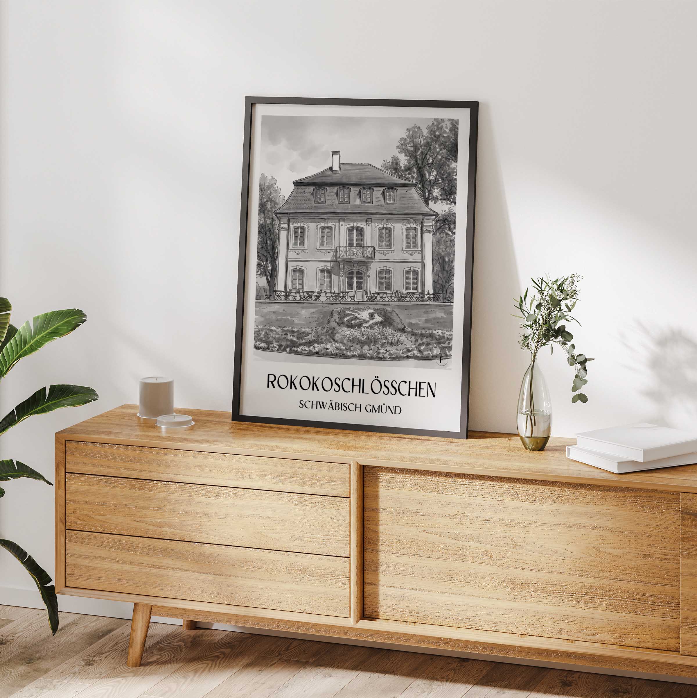 rokokoschlösschen-schwäbisch-gmünd-deutschland-poster-aquarell-schwarz-weiss
