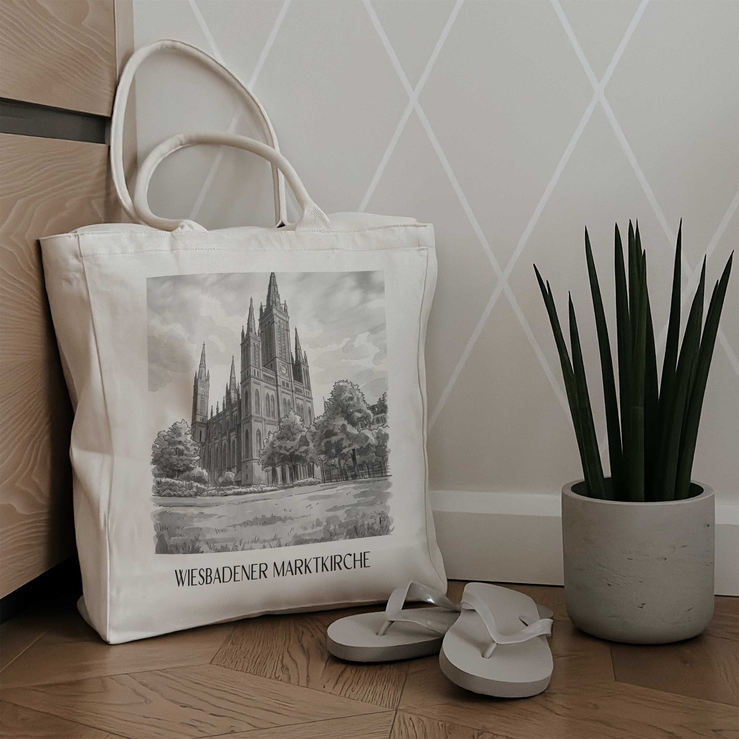 marktkirche-wiesbaden-deutschland-einkaufstasche-aquarell-schwarz-weiss