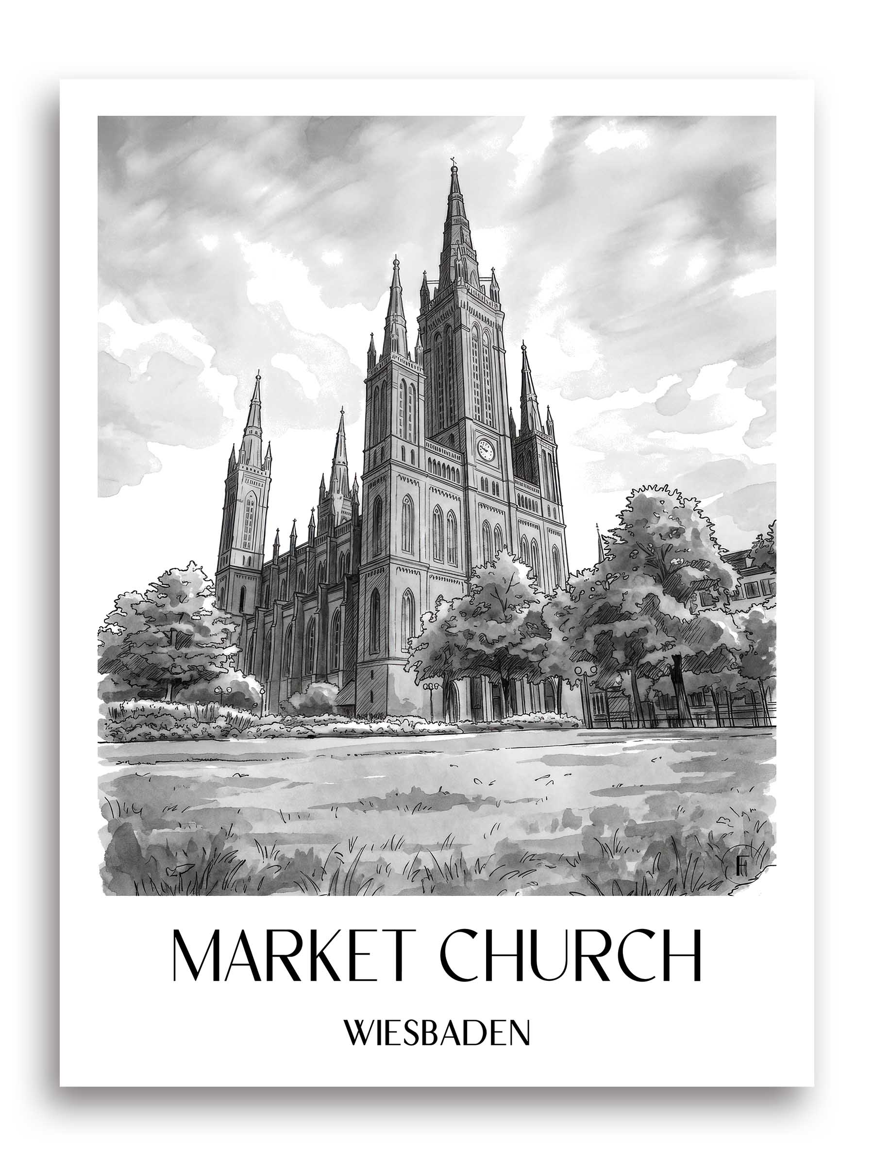 Marktkirche Poster - Wiesbaden - Deutschland Kunstdruck - Aquarell Schwarz-Weiß von A4 bis A1