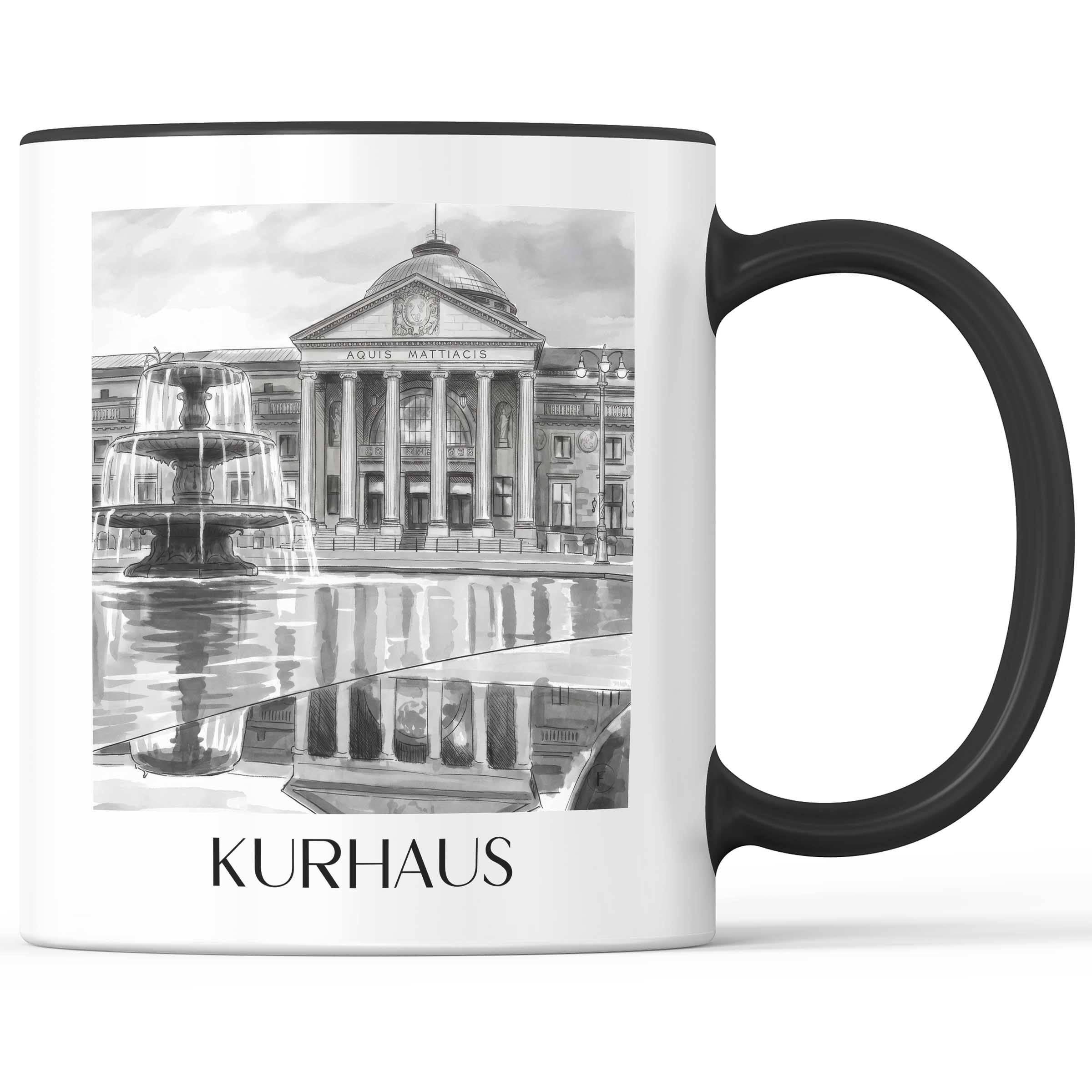 Kurhaus Kaffeebecher - Wiesbaden - Deutschland Becher - Kaffeetasse im Aquarell Schwarz-Weiß Stil