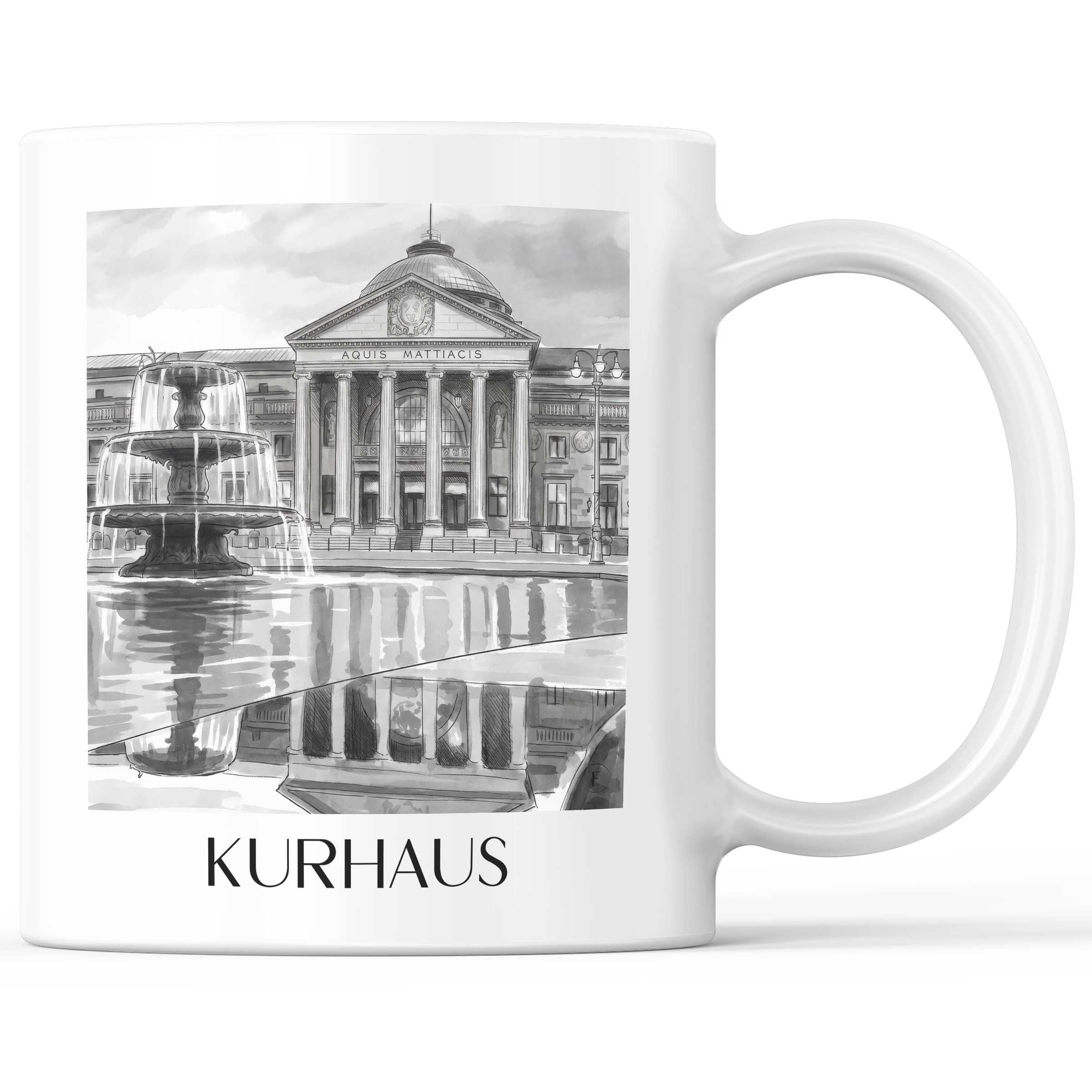 Kurhaus Kaffeebecher - Wiesbaden - Deutschland Becher - Kaffeetasse im Aquarell Schwarz-Weiß Stil