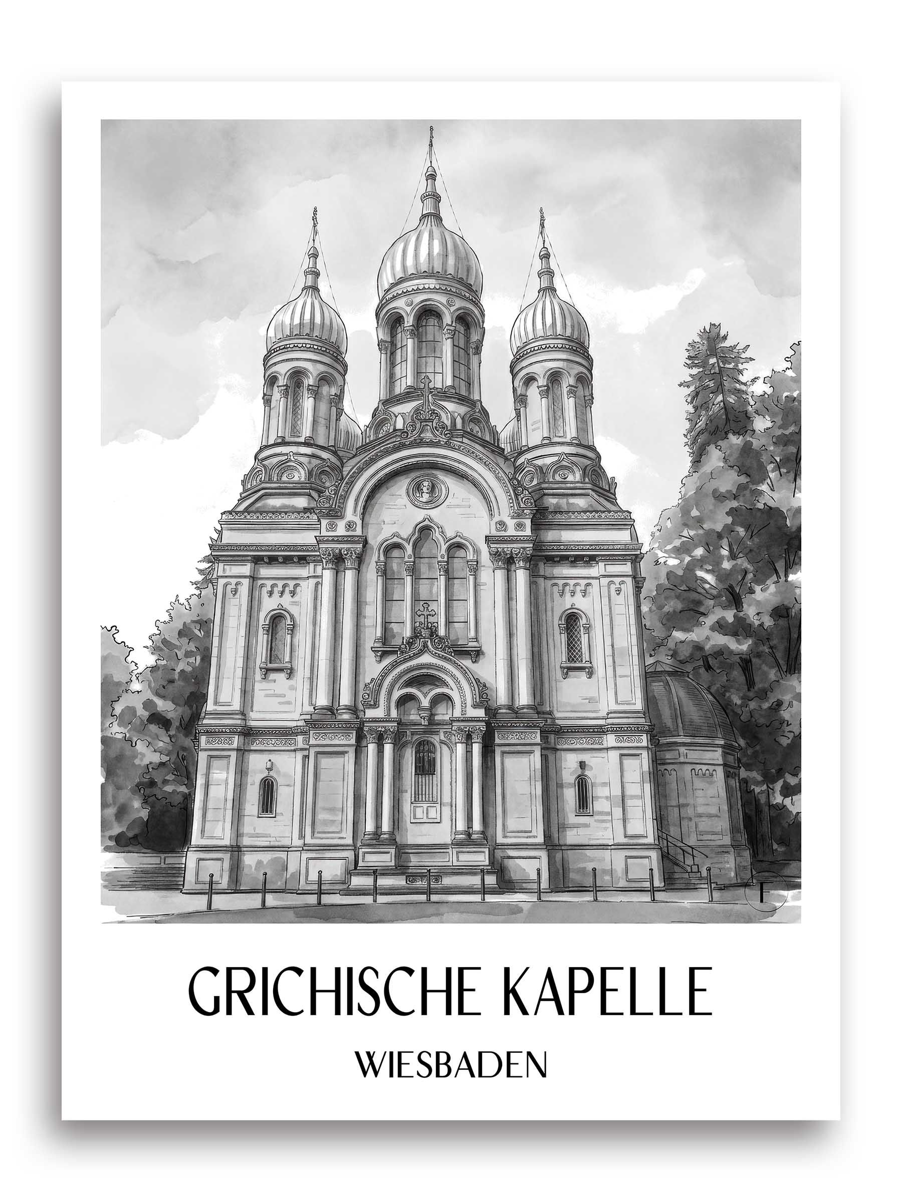 grichische-kapelle-wiesbaden-deutschland-poster-aquarell-schwarz-weiss