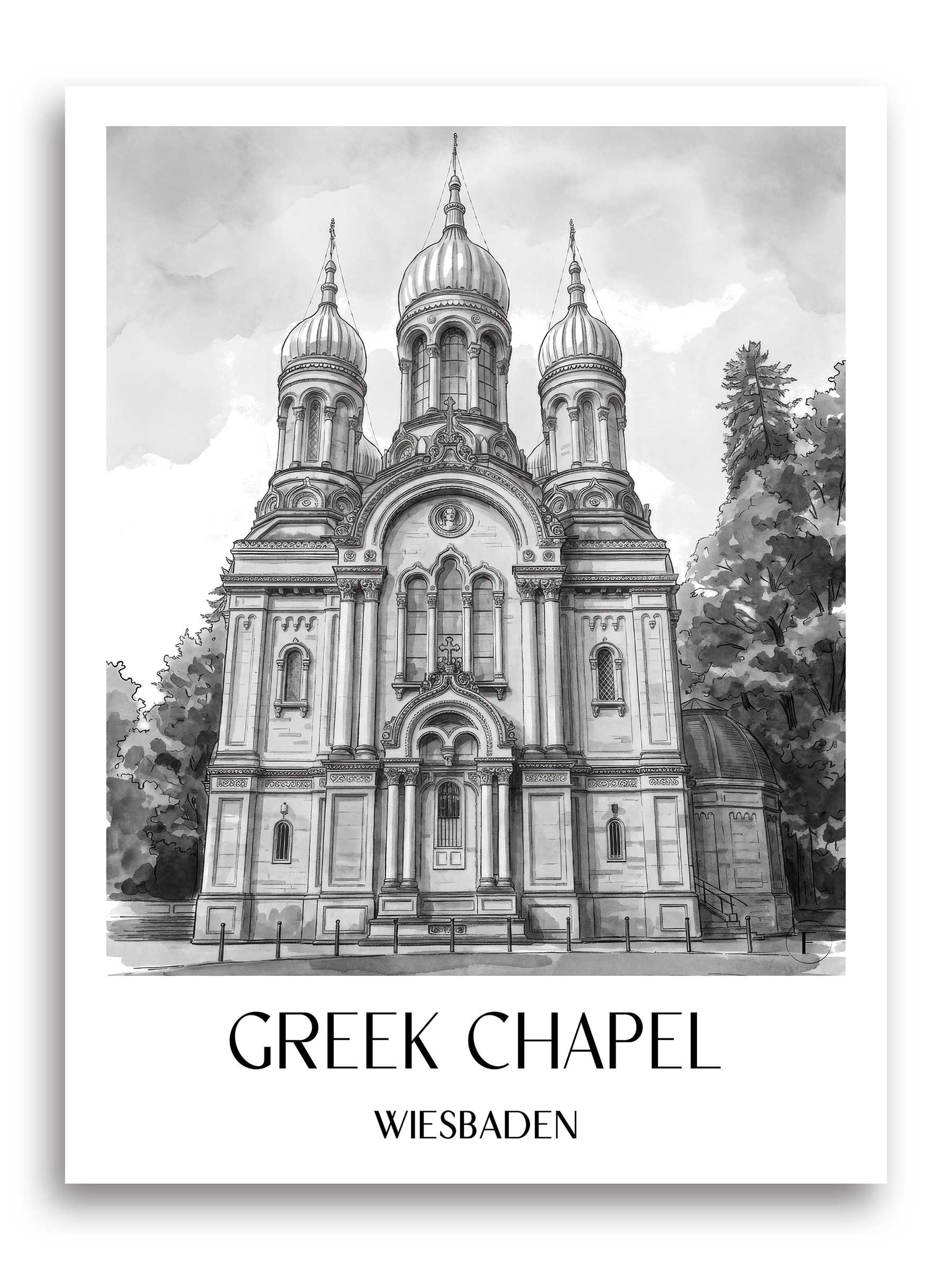 Grichische Kapelle Poster - Wiesbaden - Deutschland Kunstdruck - Aquarell Schwarz-Weiß von A4 bis A1