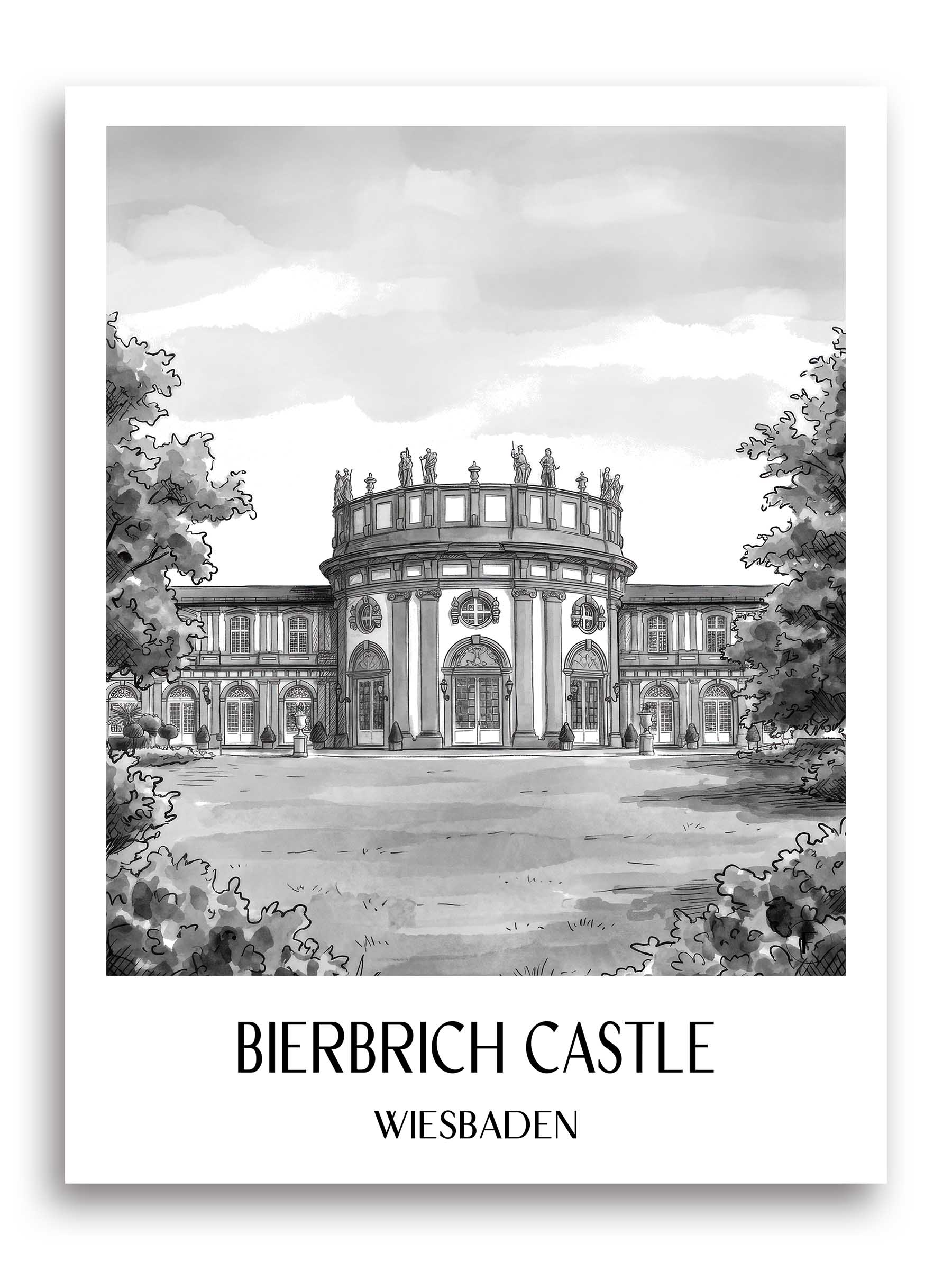 Schloss Bierbrich Poster - Wiesbaden - Deutschland Kunstdruck - Aquarell Schwarz-Weiß von A4 bis A1