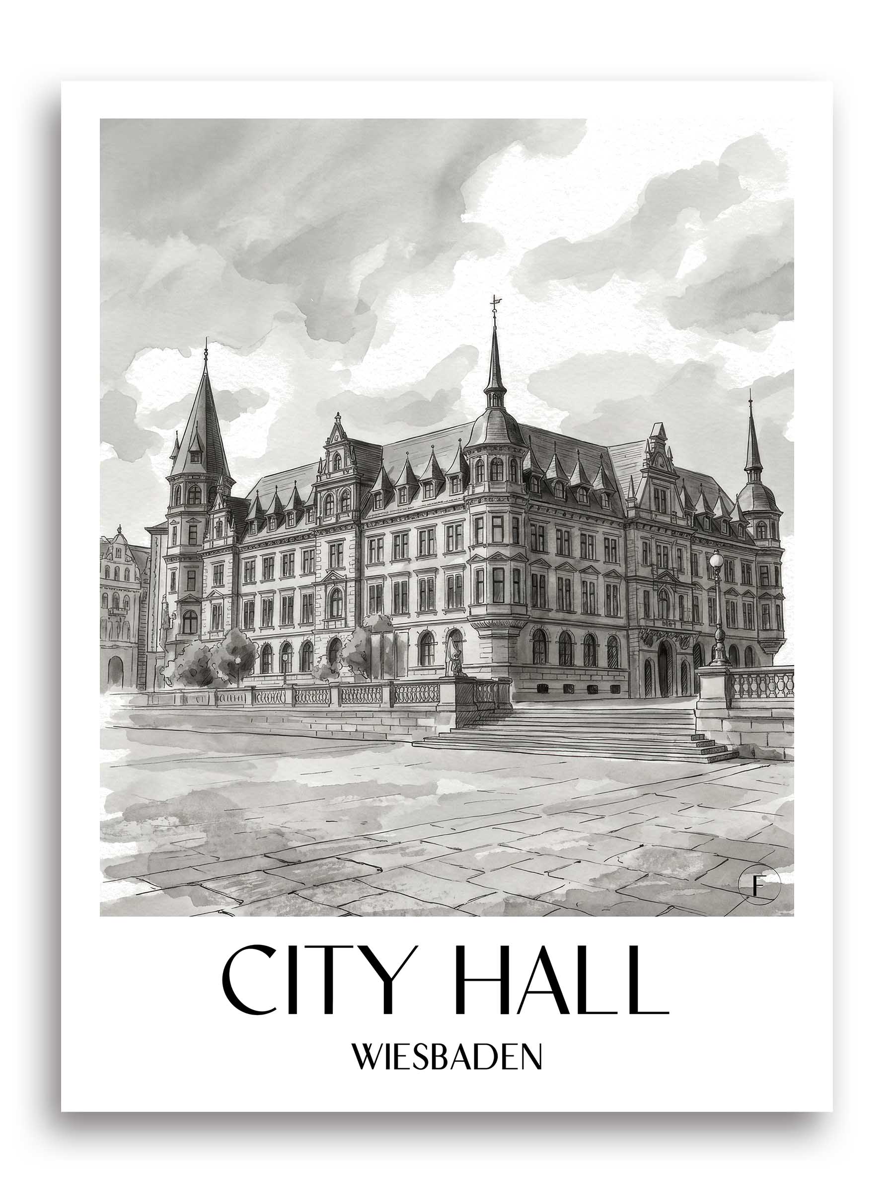 Rathaus Poster - Wiesbaden - Deutschland Kunstdruck - Aquarell Schwarz-Weiß von A4 bis A1