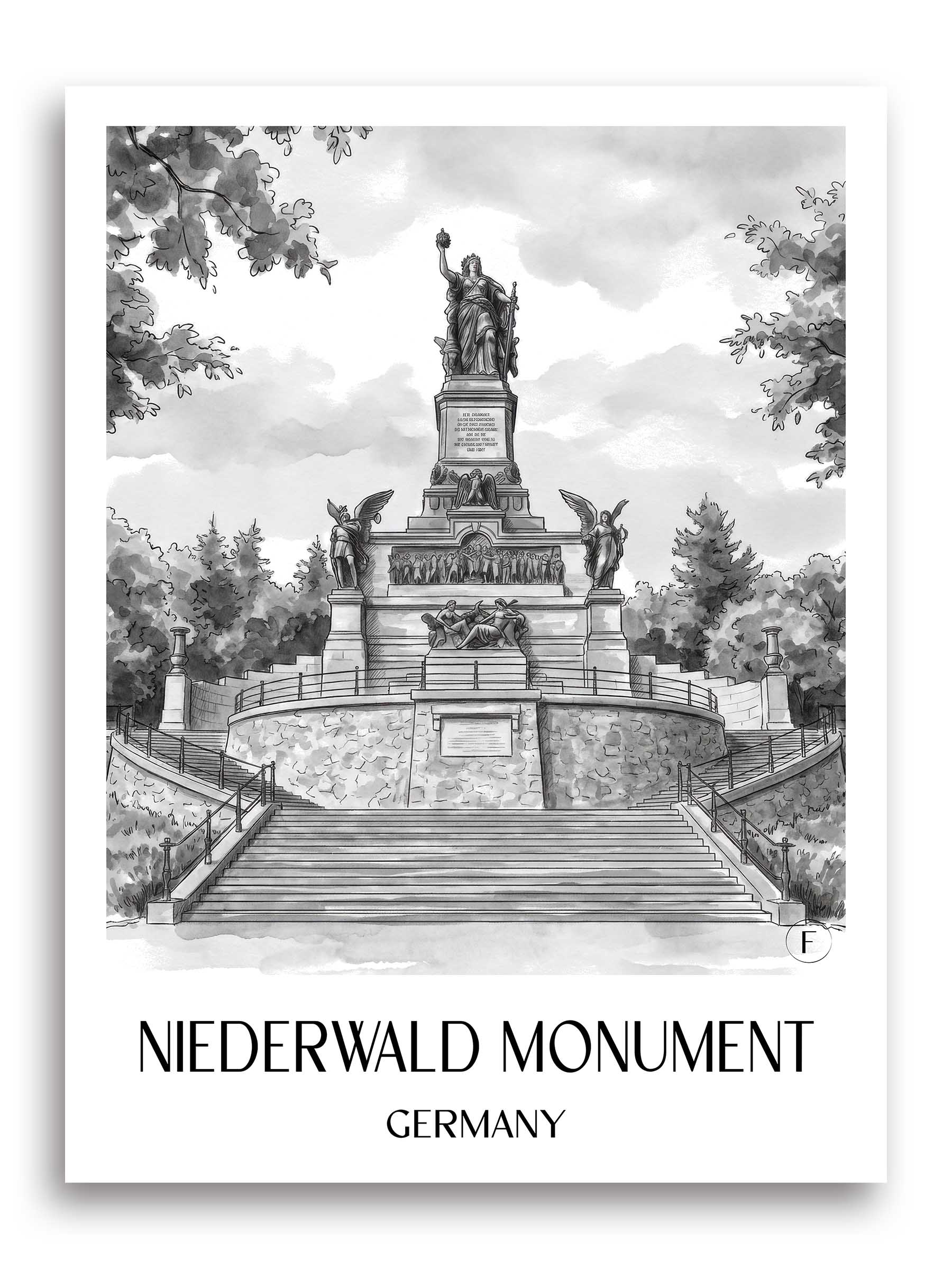 Niederwalddenkmal Poster - Rheingau - Deutschland Kunstdruck - Aquarell Schwarz-Weiß von A4 bis A1