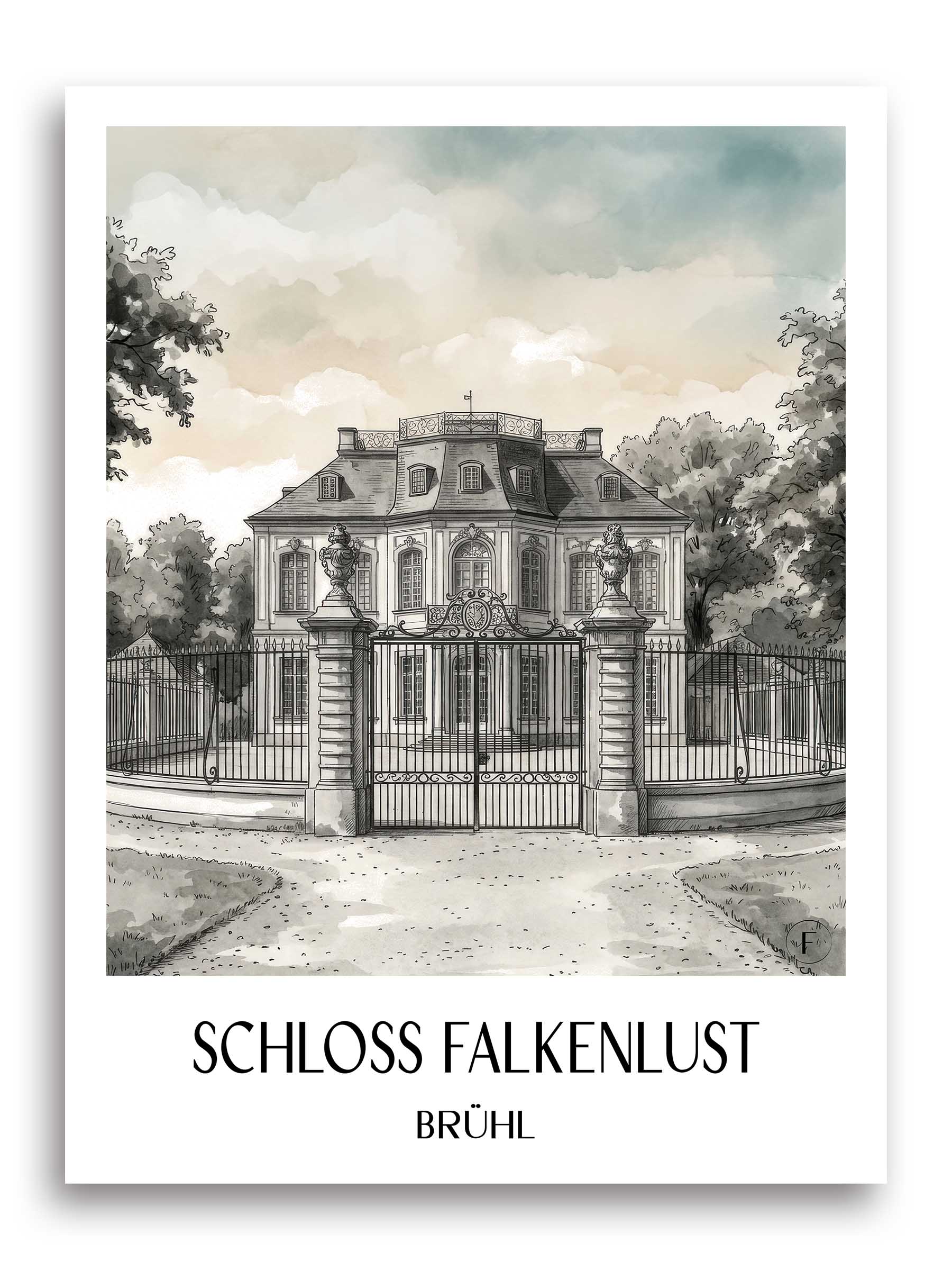 schloss-falkenlust-brühl-deutschland-poster-aquarell-schwarz-weiss