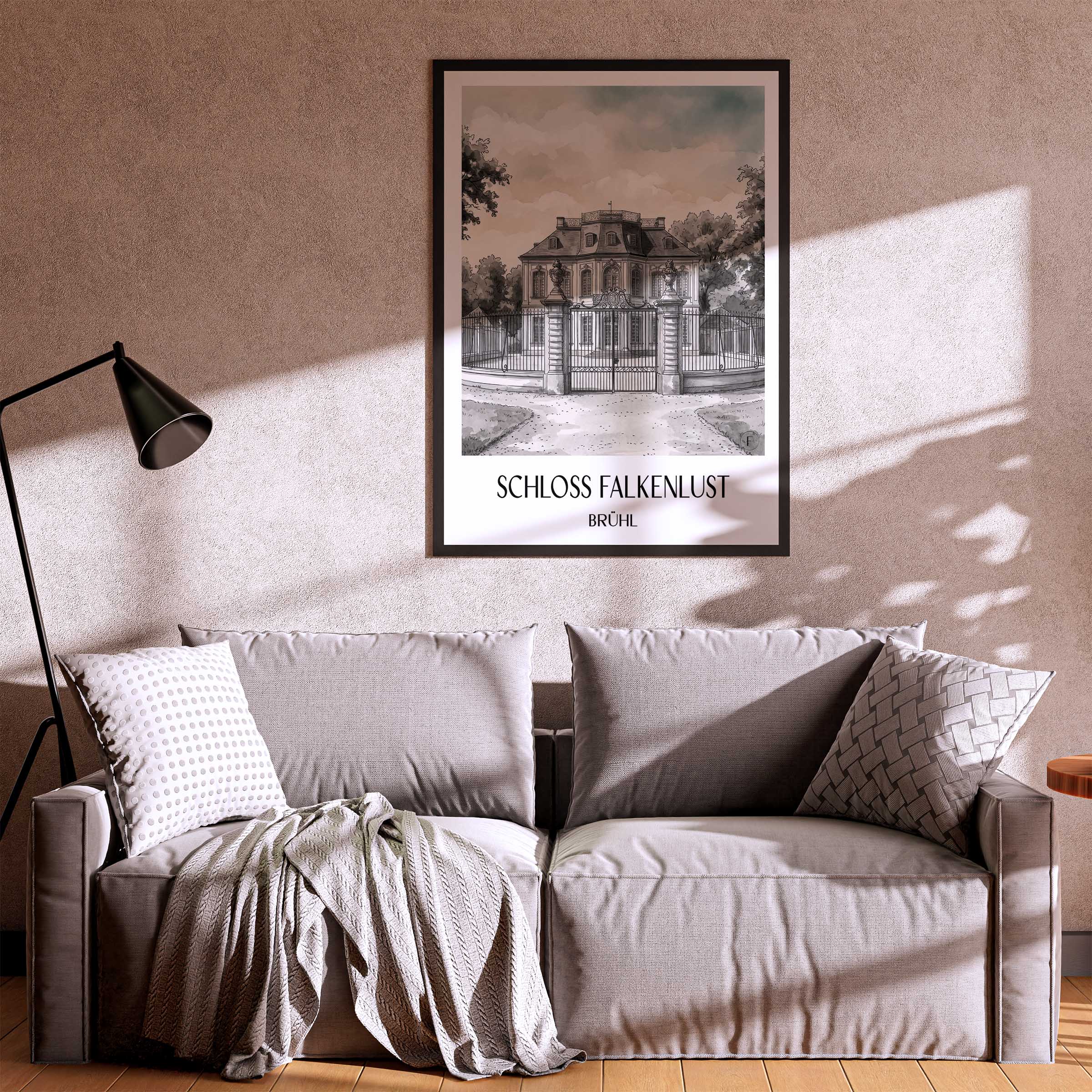 schloss-falkenlust-brühl-deutschland-poster-aquarell-schwarz-weiss