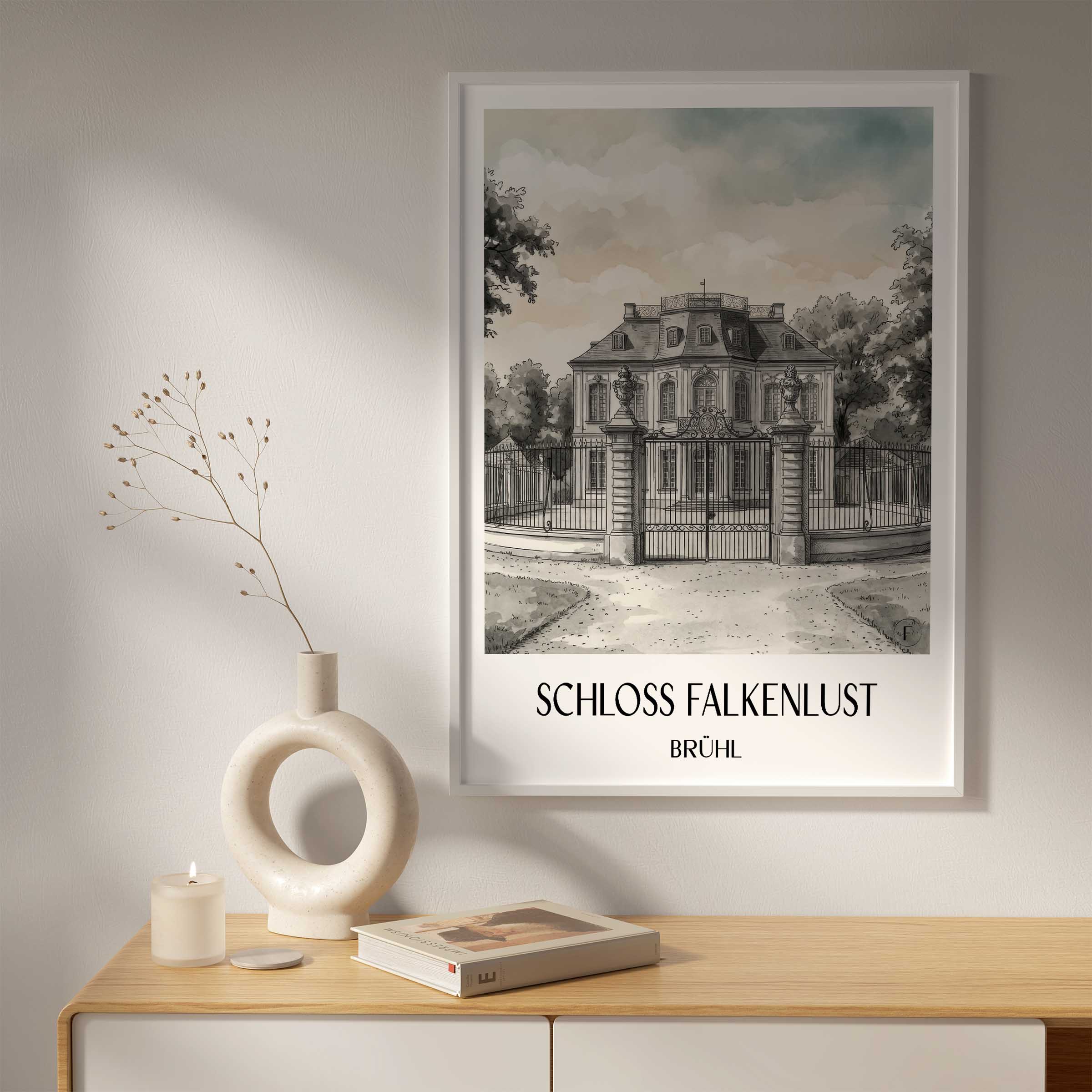 schloss-falkenlust-brühl-deutschland-poster-aquarell-schwarz-weiss