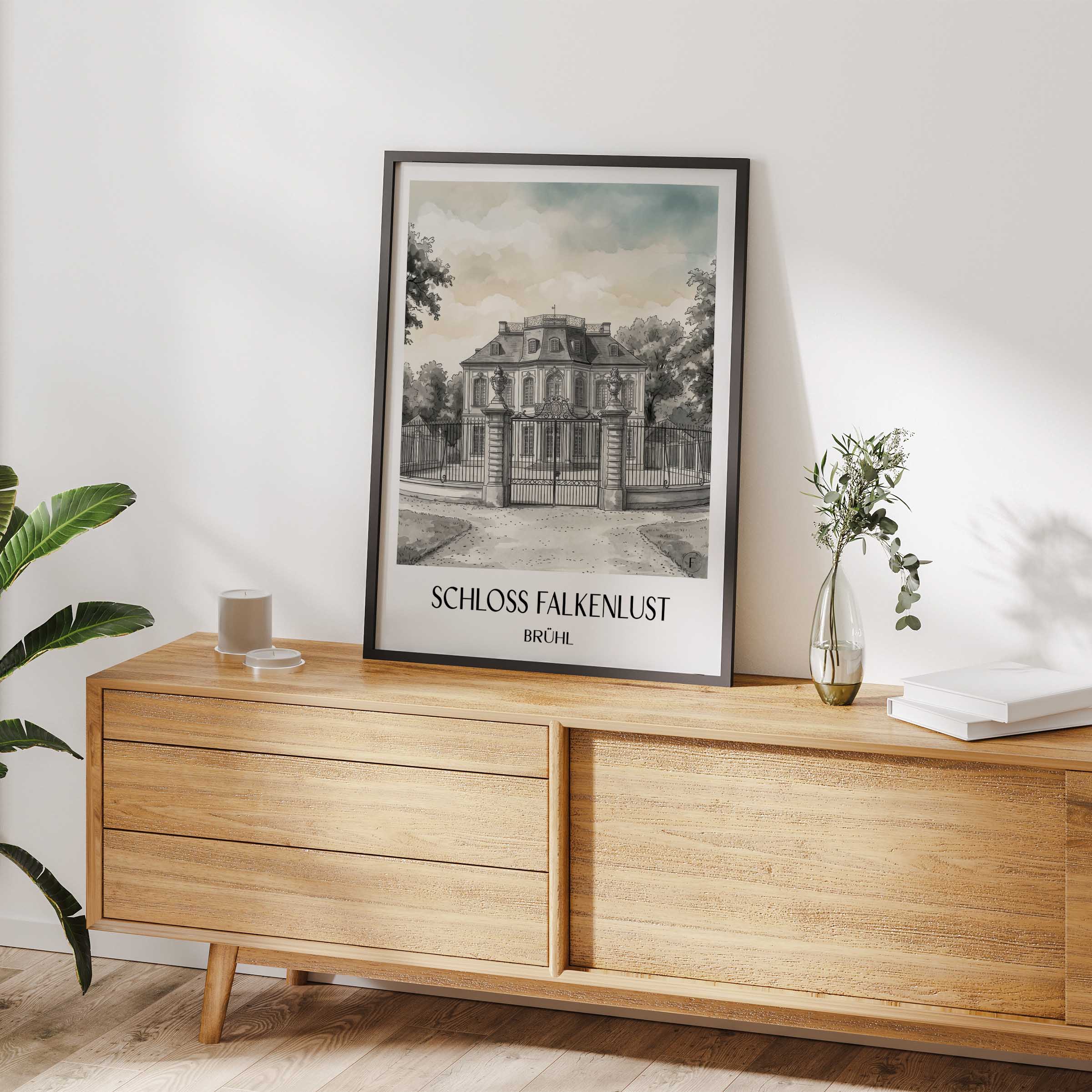 schloss-falkenlust-brühl-deutschland-poster-aquarell-schwarz-weiss