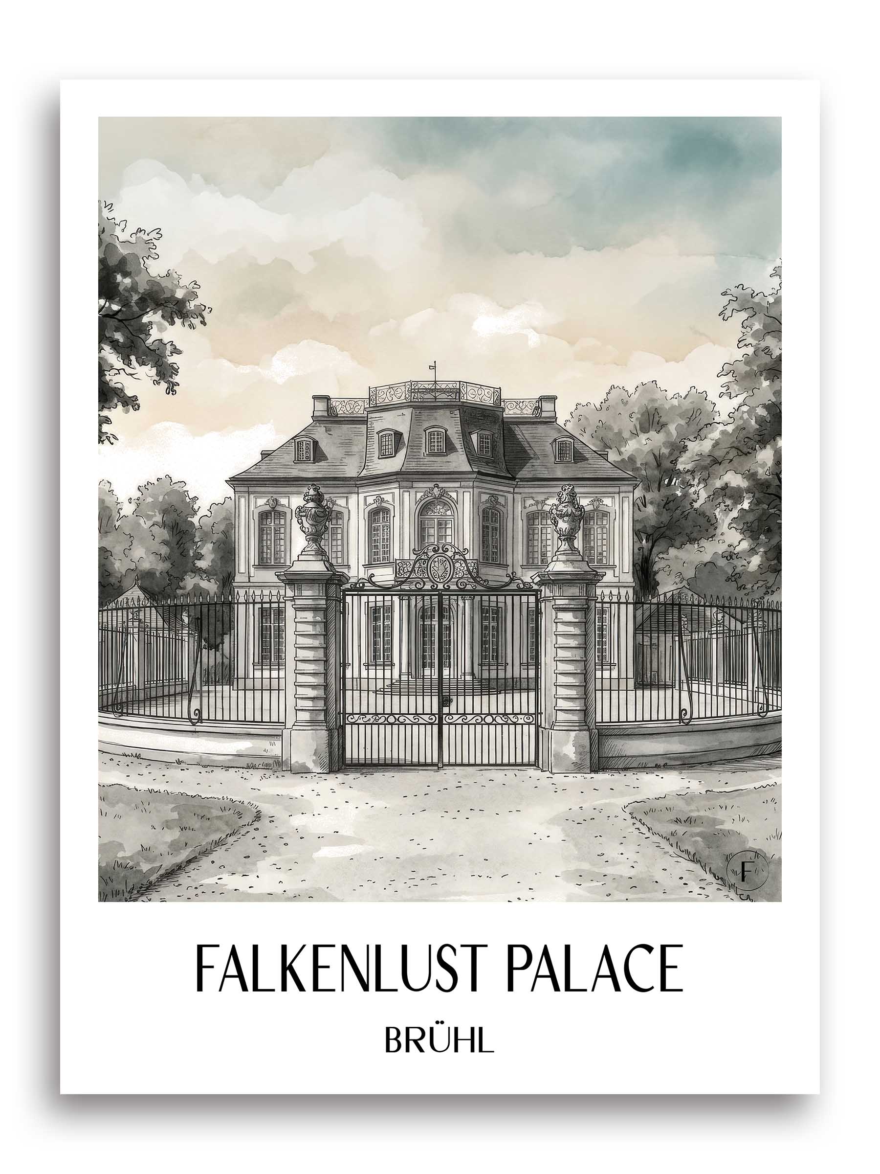 Schloss Falkenlust Poster - Brühl - Deutschland Kunstdruck - Aquarell Schwarz-Weiß von A4 bis A1