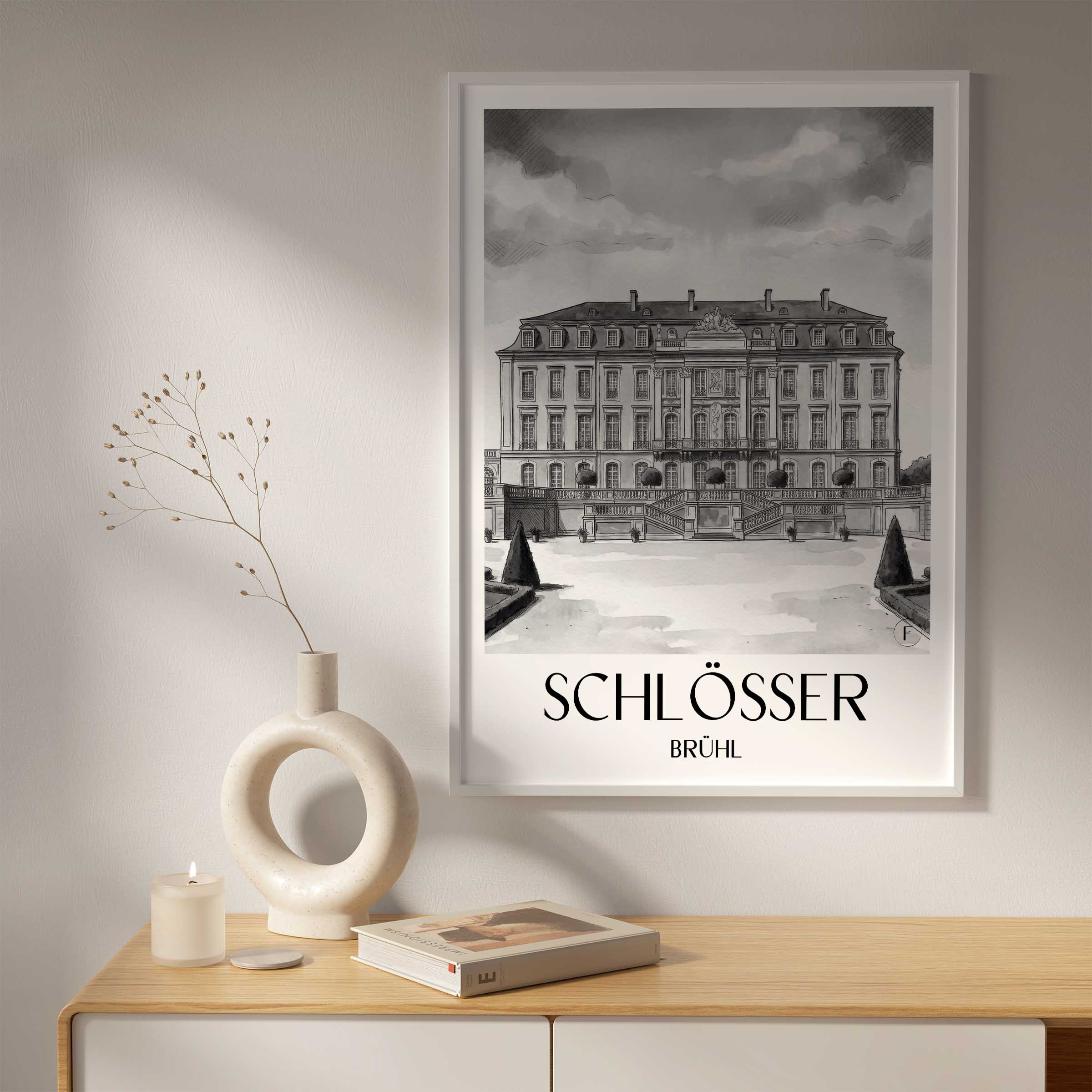 schlösser-brühl-deutschland-poster-aquarell-schwarz-weiss