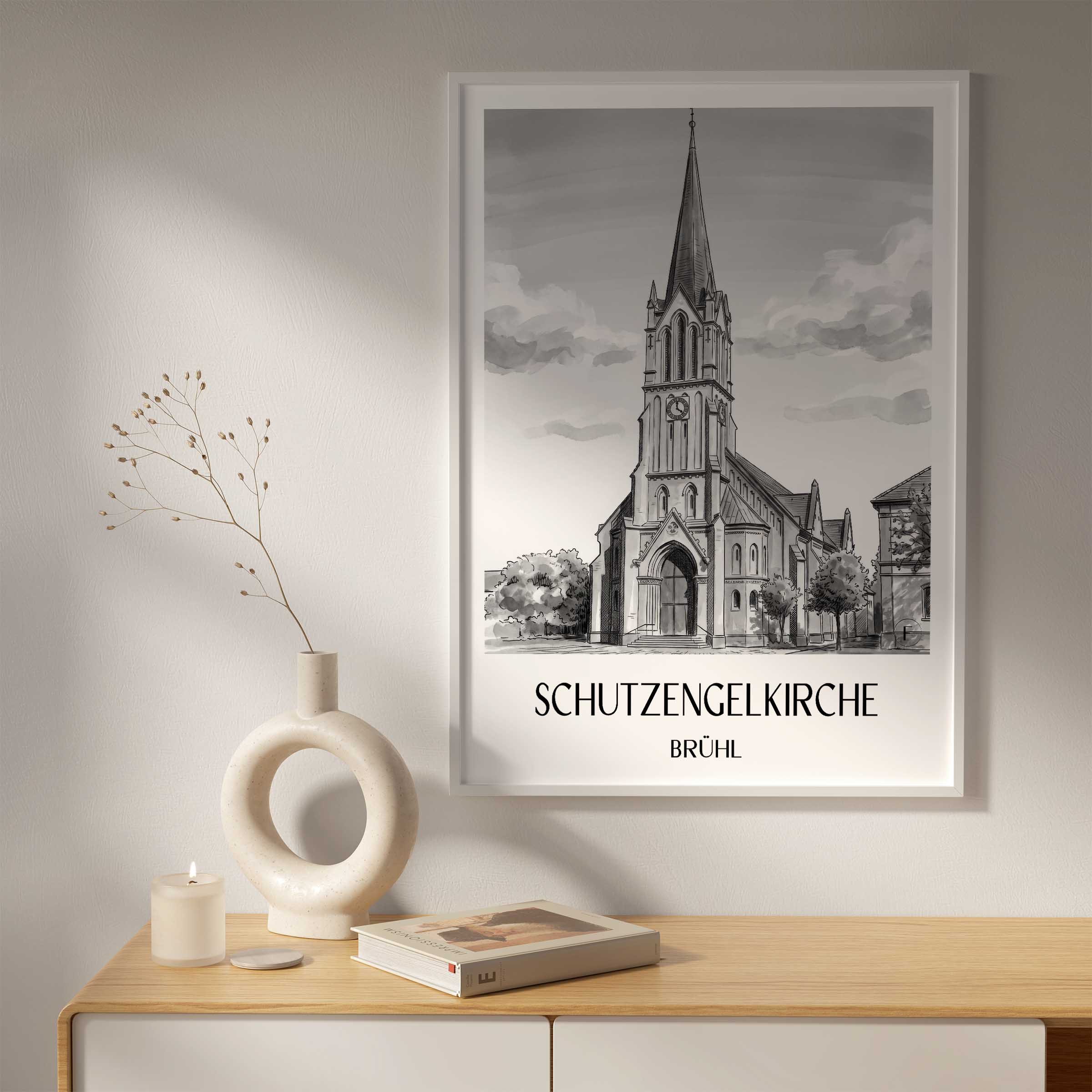 schutzengelkirche-brühl-deutschland-poster-aquarell-schwarz-weiss